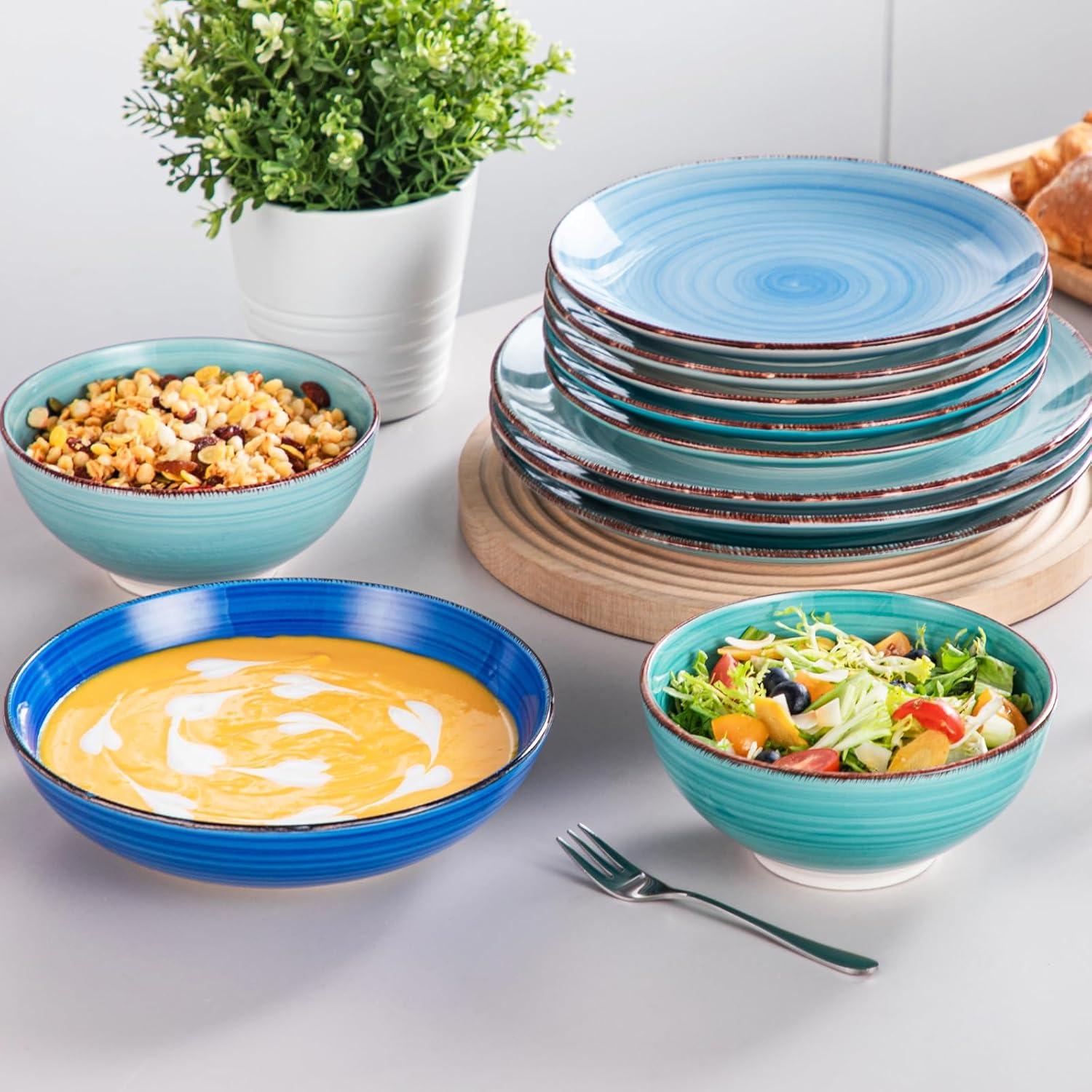vancasso Bonita Dinnerware Set Blue Stoneware 24 Pieces Service for 6, Handpainted Spirals Pattern Stoneware Combination Set