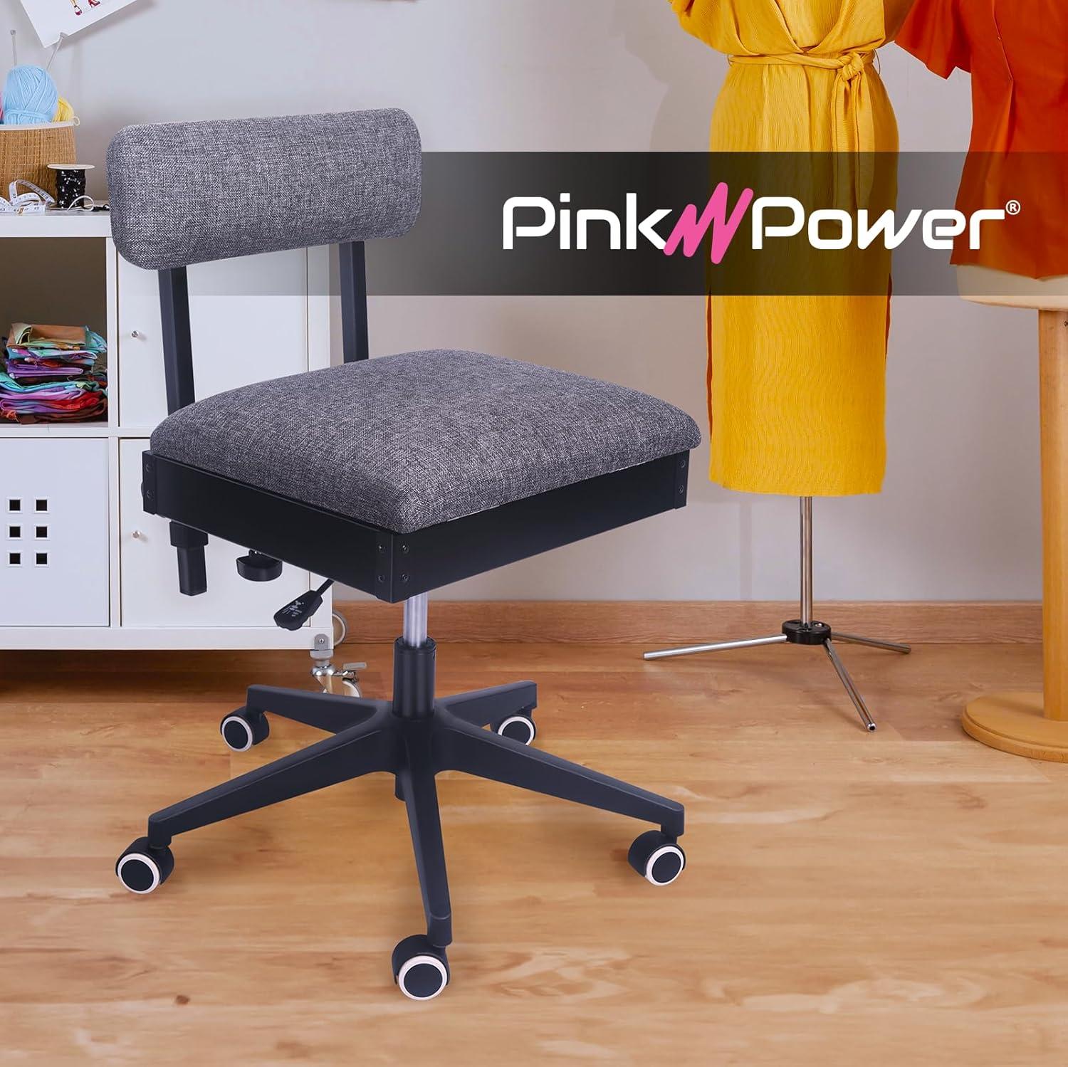 Pink Power Hydraulic Sewing Chair with Wheels and Adjustable Back Support - Armless Chair for Sewing, Crafting