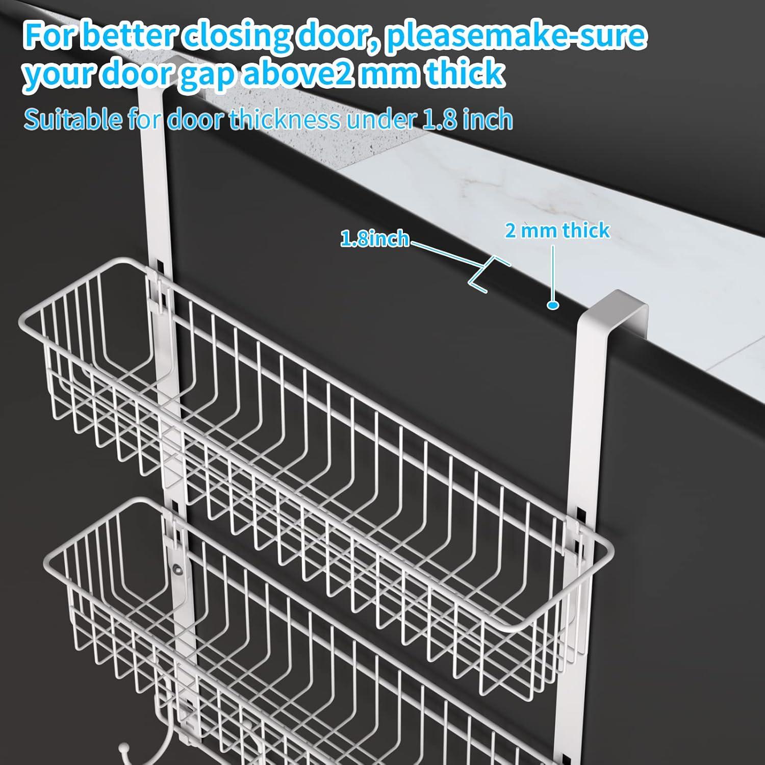 Over The Door Hooks, Door Hanger Towel Rack with 5 Coat Hooks & 2 Mesh Basket, Over Door Organizer for Bathroom, Bedroom, Kitchen, Office, Easy Installation, White