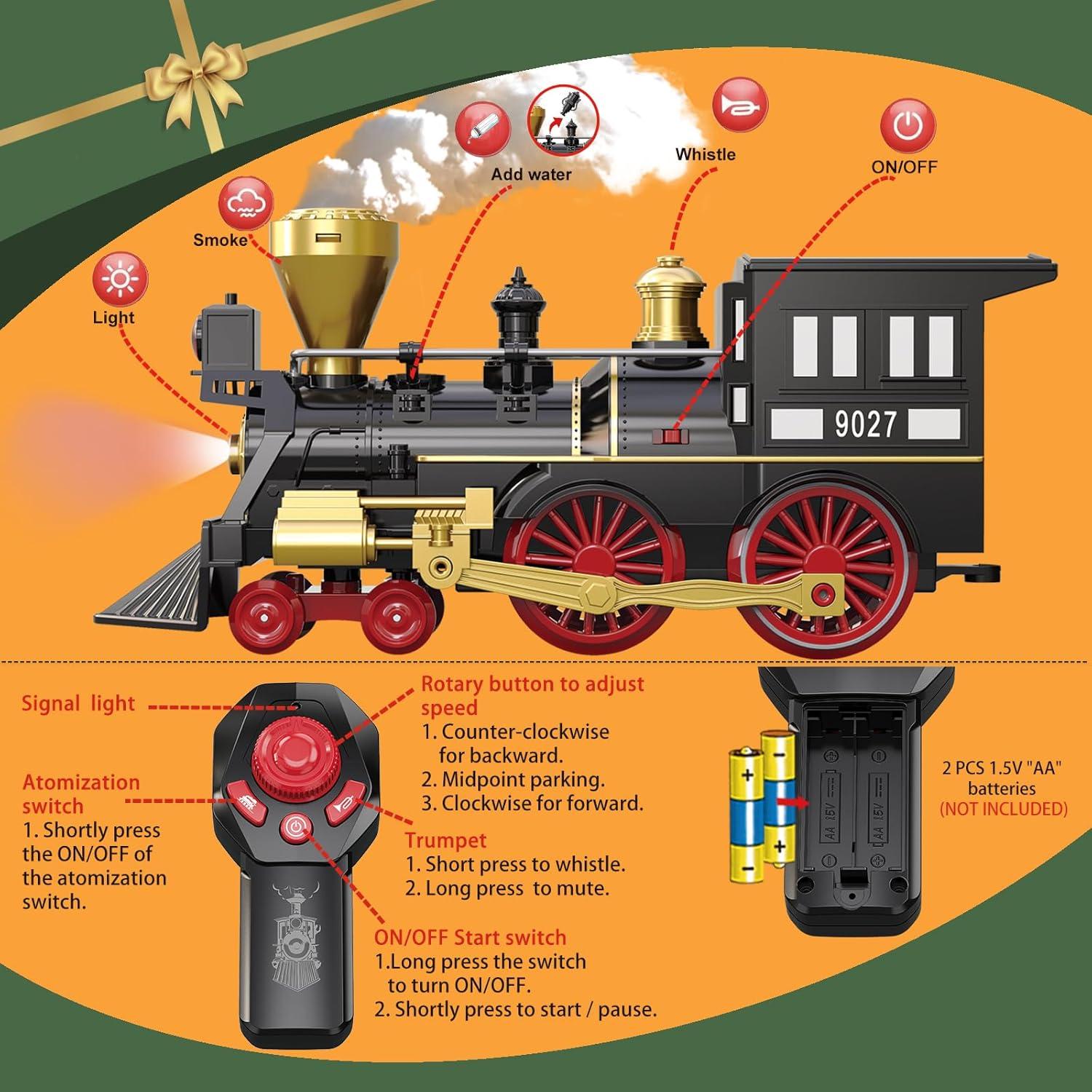 Train Set for Kids Remote Control Christmas Train Toys w/Steam Locomotive,Passenger Carriage & Luxury Tracks, Electric Trains w/Realistic Smoke,Sounds & Lights, Birthday Gift for Boys Girls 3 4 5 6 7