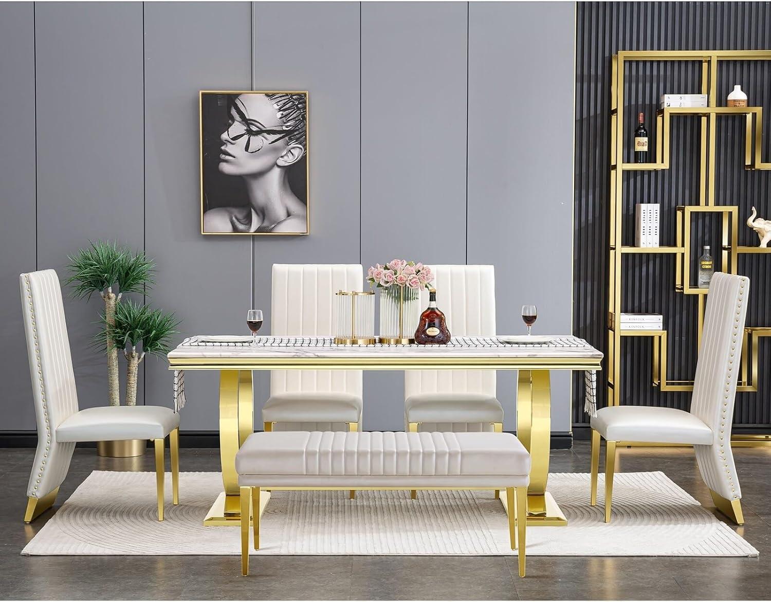 White Faux Leather High Back Side Chair with Gold Metal Legs