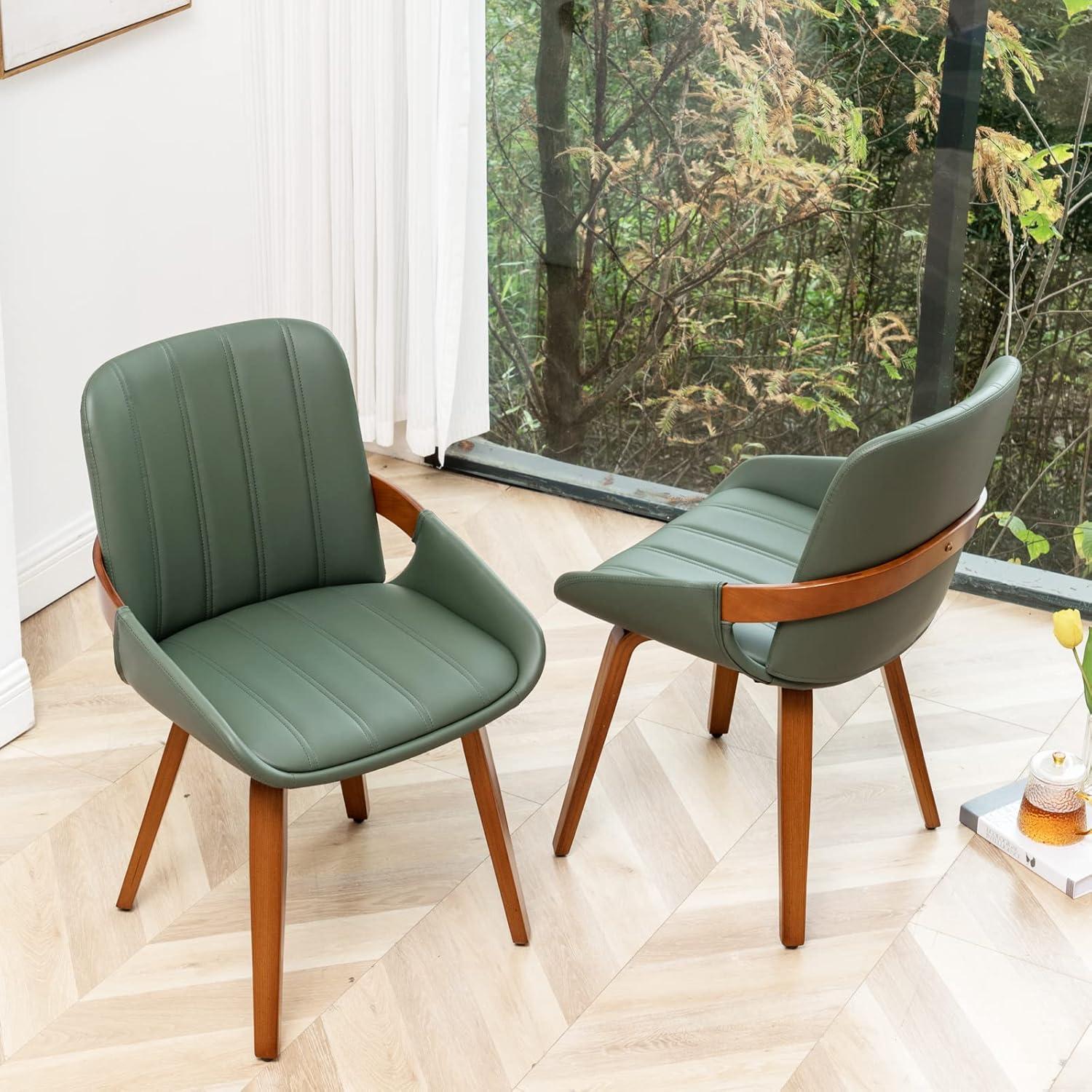 Green Faux Leather Upholstered Dining Chairs with Wood Legs