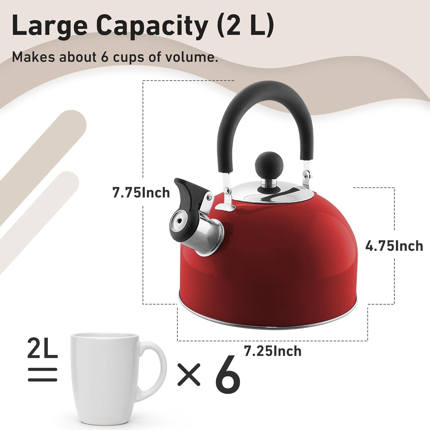 Red Stainless Steel 2-Quart Whistling Tea Kettle