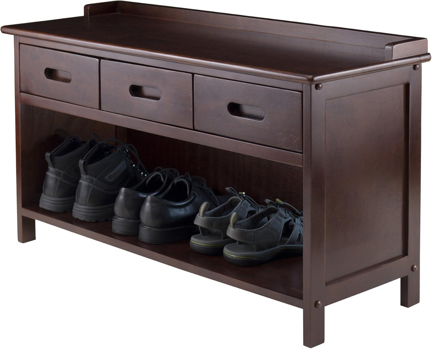 Adriana Entryway Storage Bench with Cushion Walnut - Winsome: Solid Wood, 3 Drawers, Faux Leather