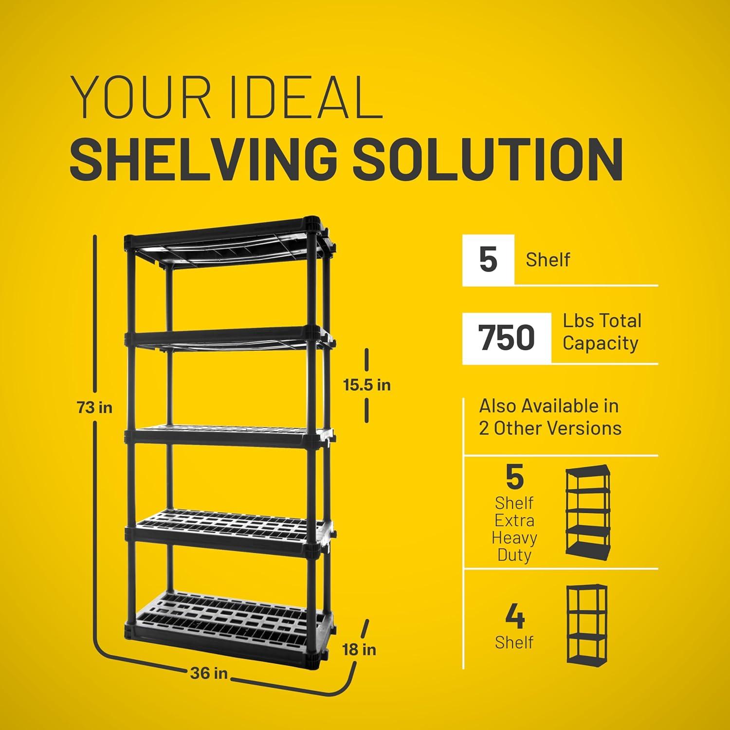 Plano 5-Shelf Heavy Duty Plastic Storage Shelves, 73” x 36” x 18”, 750lb Capacity