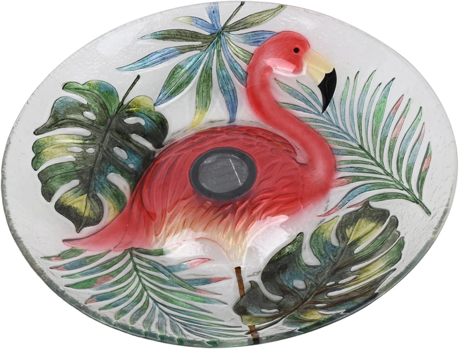 Hi-Line Gift Ltd. Solar LED Verdant Glass Bird Bath with Stand - Flamingo