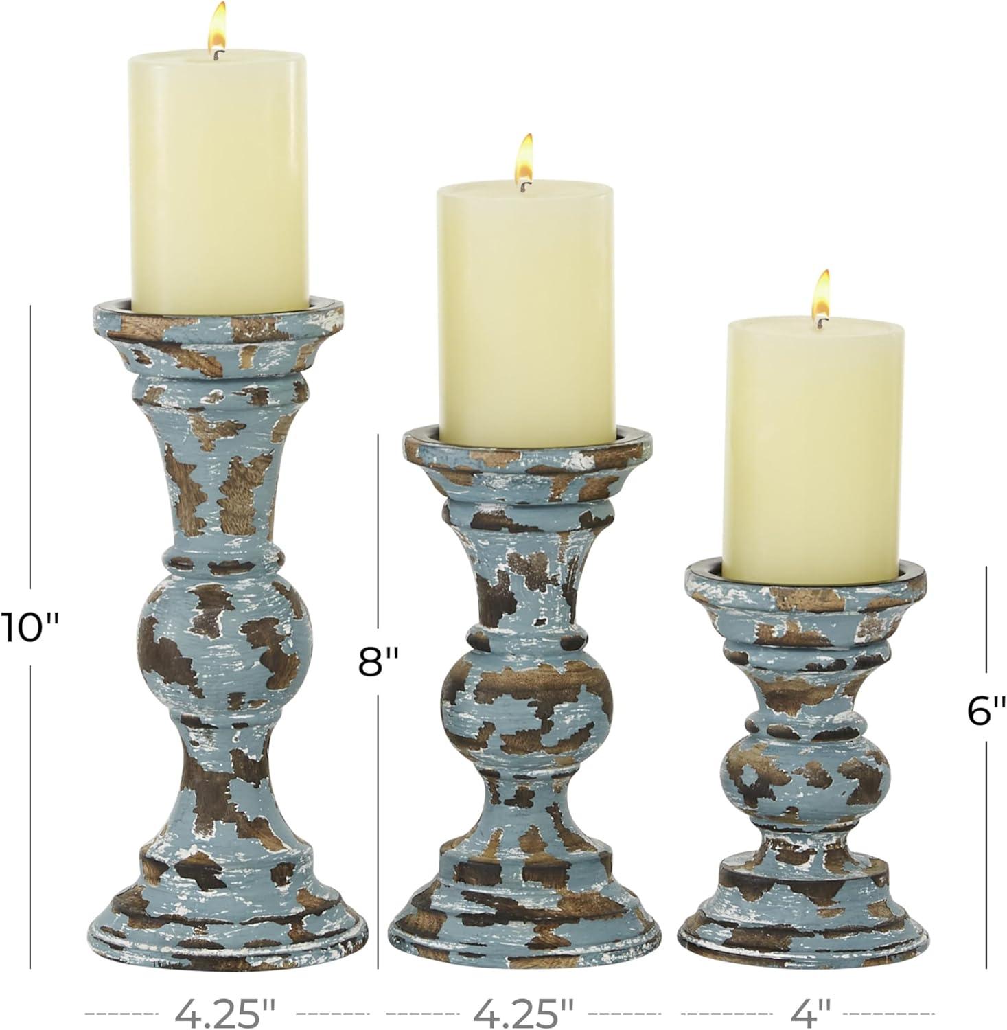 DecMode 3 Candle Light Blue Wood Candle Holder, Set of 3