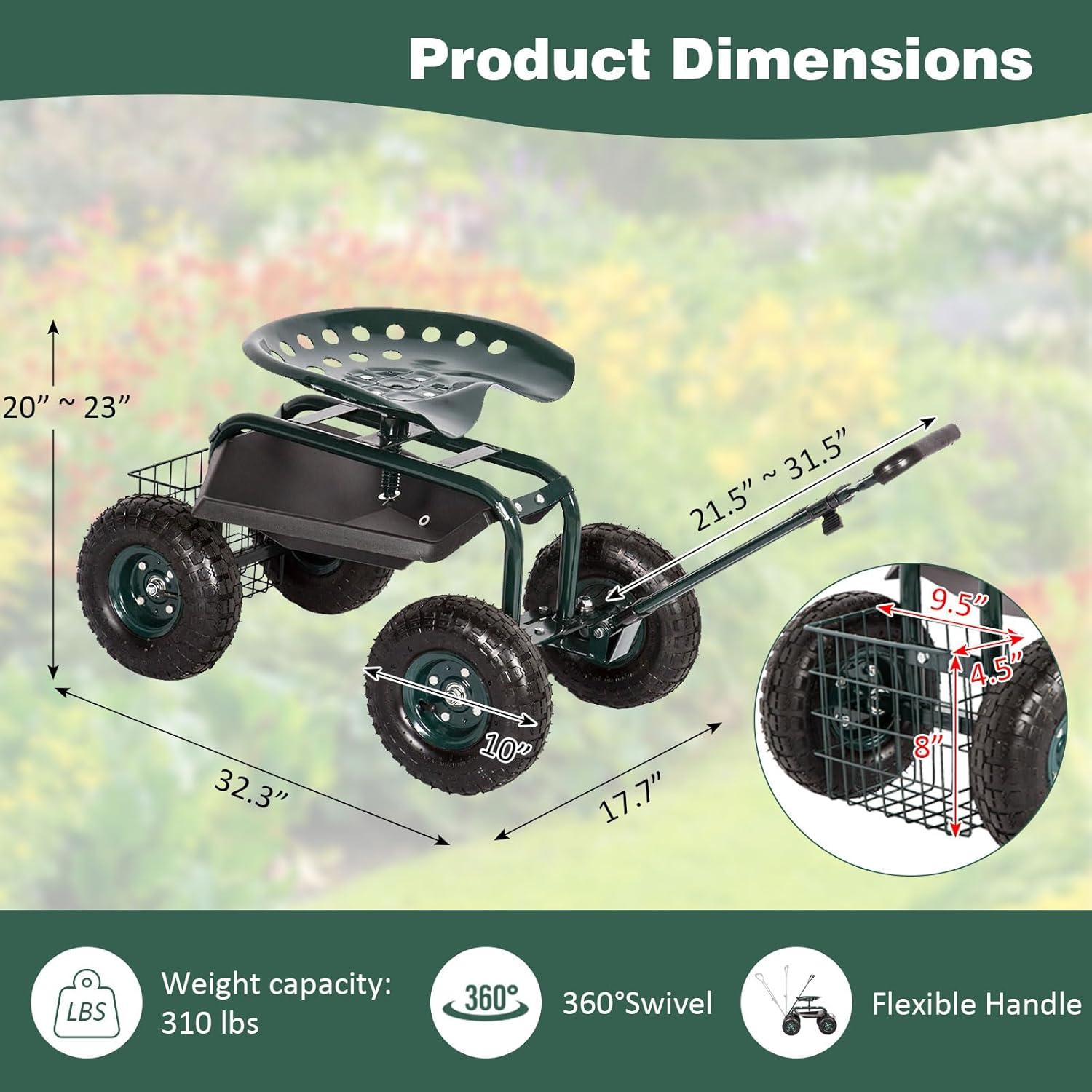 Rolling Garden Cart Scooter Stool - Garden Seat with Wheels Garden Cart with Seat, Adjustable Handle 360 Degree Swivel (Green)