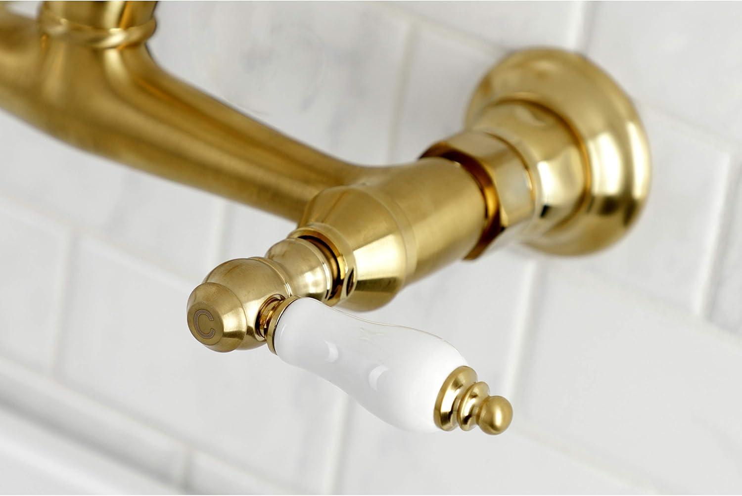 Vintage Brushed Brass Wall Mount Bathroom Faucet with Lever Handles