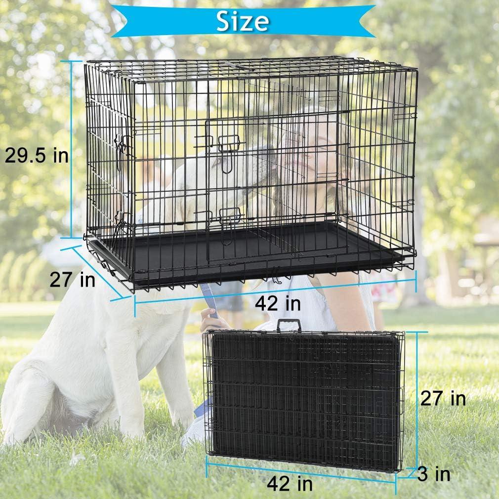 CL.HPAHKL Durable Large Dog Crate, Folding Metal Dog Kennel Double Door Dog Cage with Plastic Tray, Wire Crate for Large Dog Indoor Outdoor Travel (Black, 42 inch)
