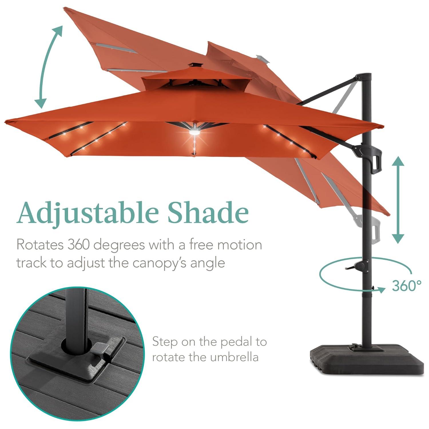 Arlmont & Co. Ronessa 10x10ft 2-Tier Square Outdoor Solar LED Cantilever Patio Umbrella w/ Base Included