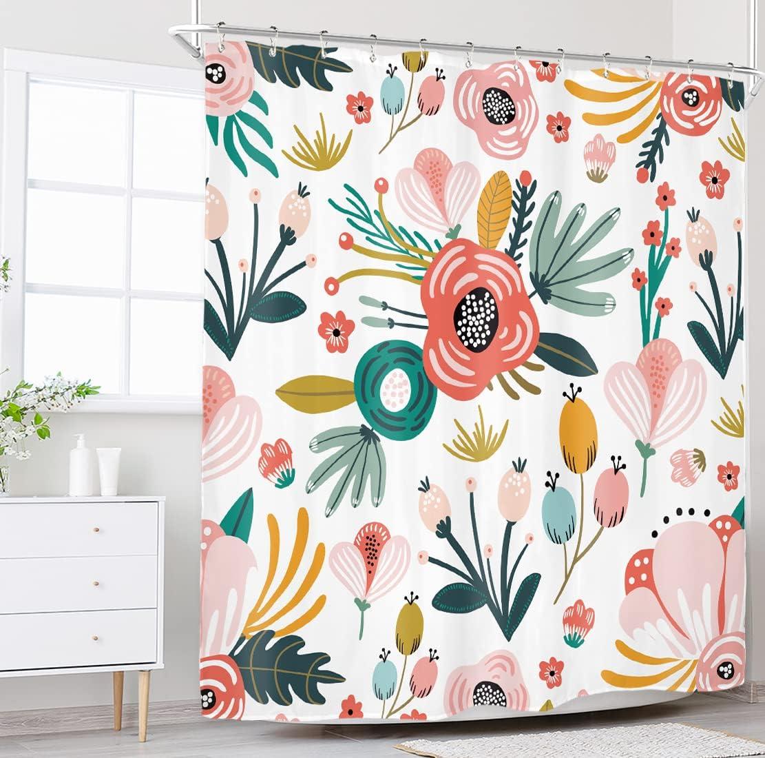 Red Barrel Studio® Pink Floral Shower Curtain For Bathroom Decor 72Wx72h Watercolor Colorful Flower Tropical Leaves Spring Botanical Sage Green Art Printed Fabric Polyester Waterproof 12 Pack Plastic Hooks