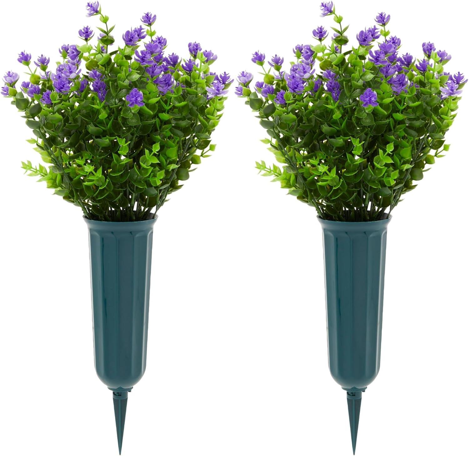Bright Creations 6 Bundles Purple Artificial Flowers with 2 Cone Vases, Faux Fake Plant for Cemetery, Outdoor Decor (2.9 x 2.9 x 7 In)