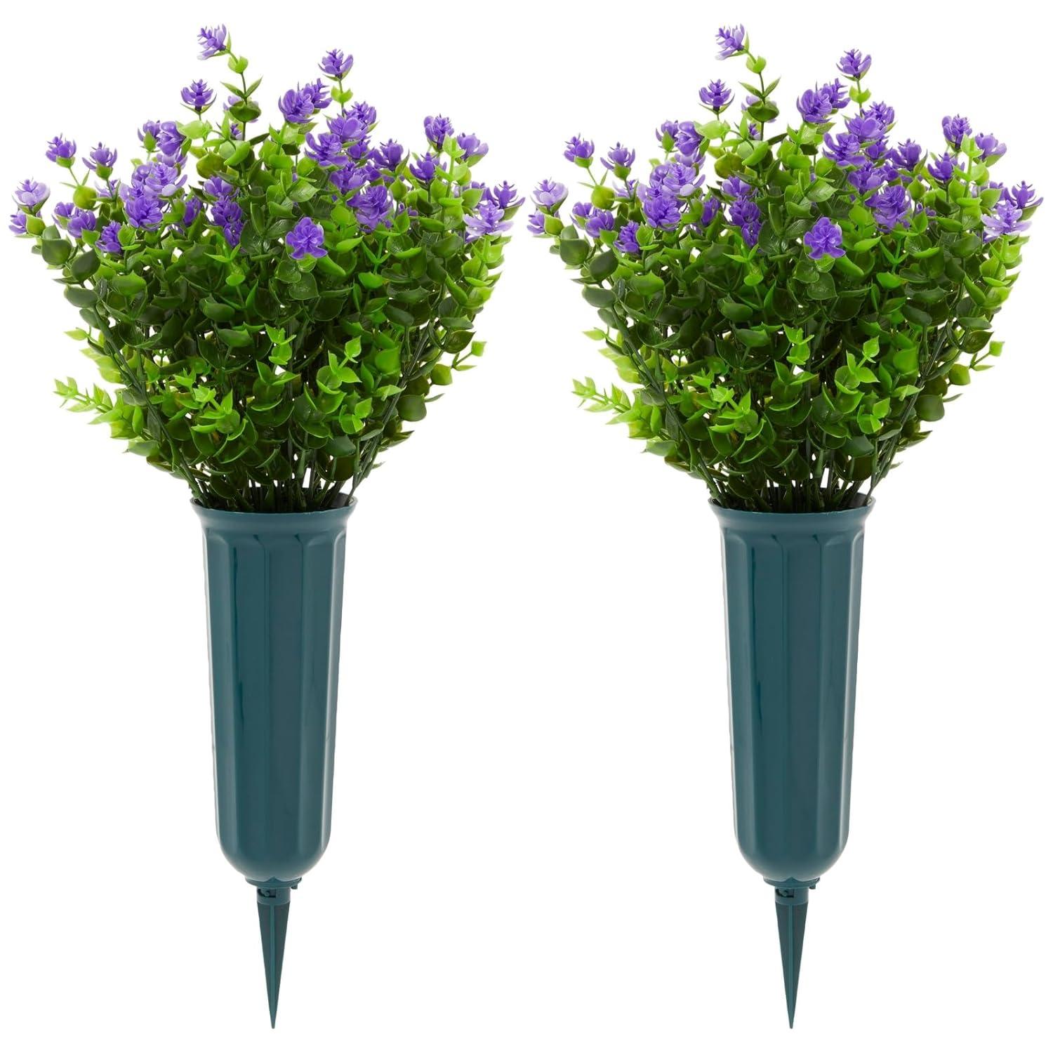 Bright Creations 6 Bundles Purple Artificial Flowers with 2 Cone Vases, Faux Fake Plant for Cemetery, Outdoor Decor (2.9 x 2.9 x 7 In)