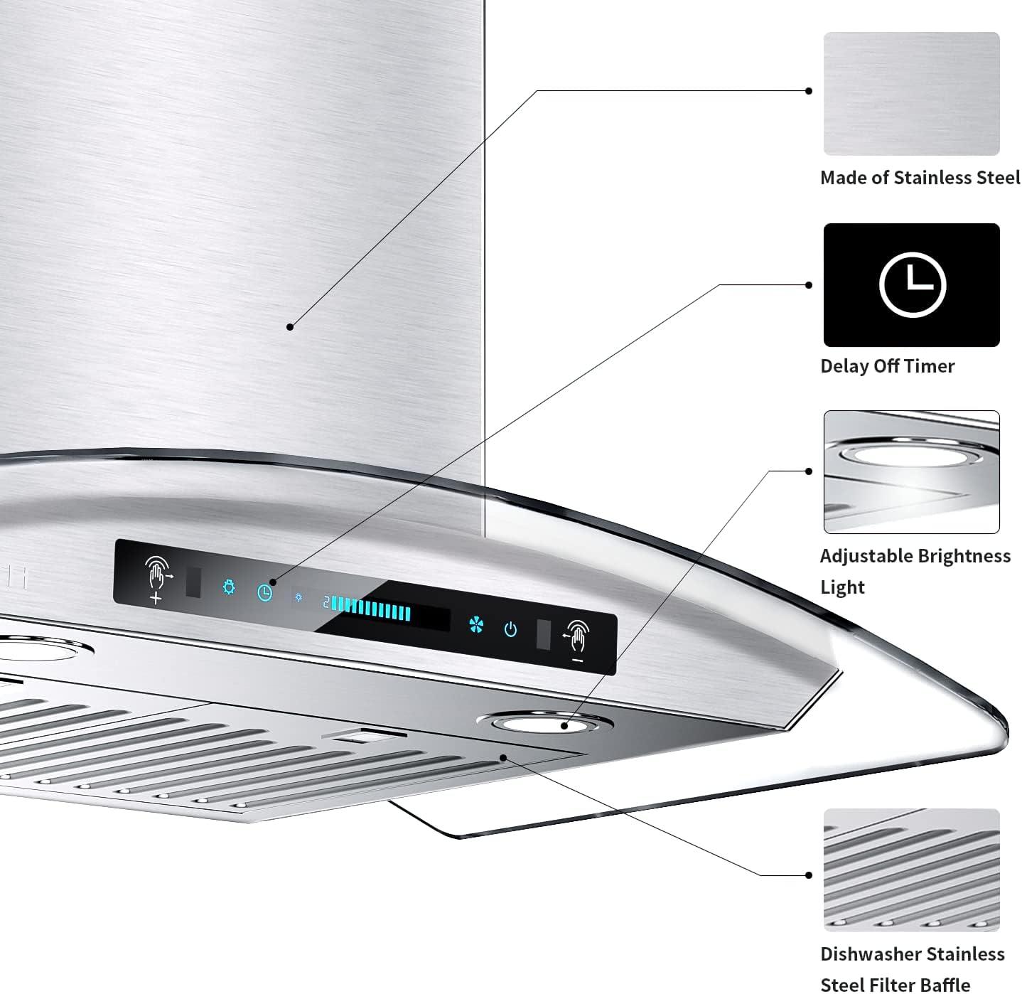 IKTCH 30" Stainless Steel 900 CFM Ducted (Vented) Wall Range Hood with Baffle Filter