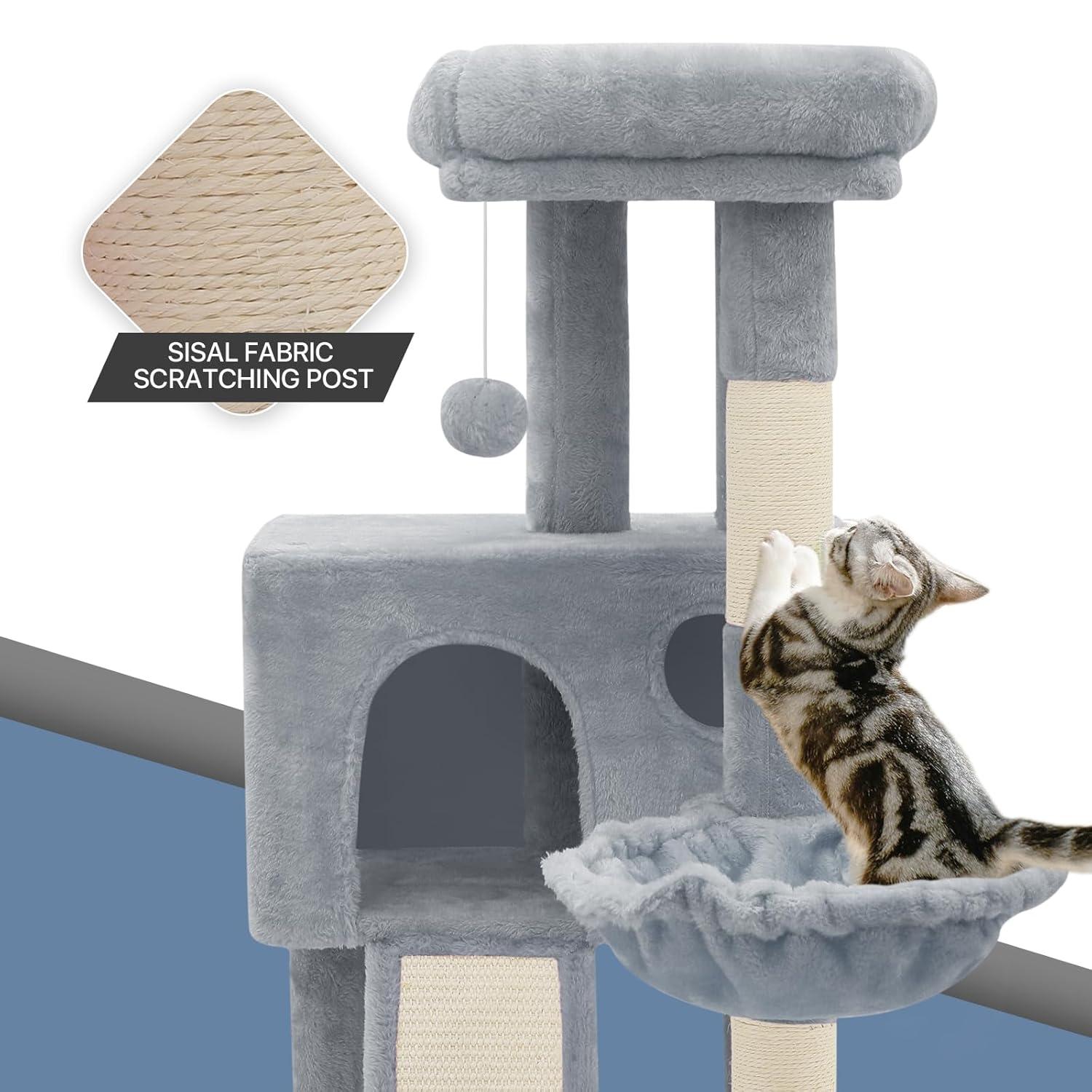 36" Small Cat Tower With Hammock, Sisal Scratching Posts, And Ramp, Perfect For Indoor Cats