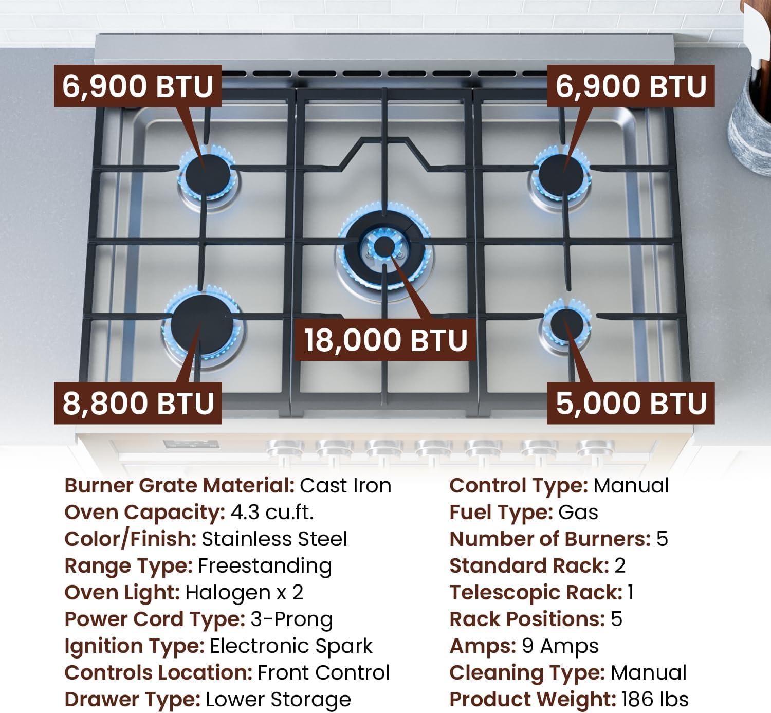 Rangaire RRG361TS 36" Gas Range Oven with Timer - Stainless Steel, Sealed Burners, Convection Fan, Easy Reach Racks