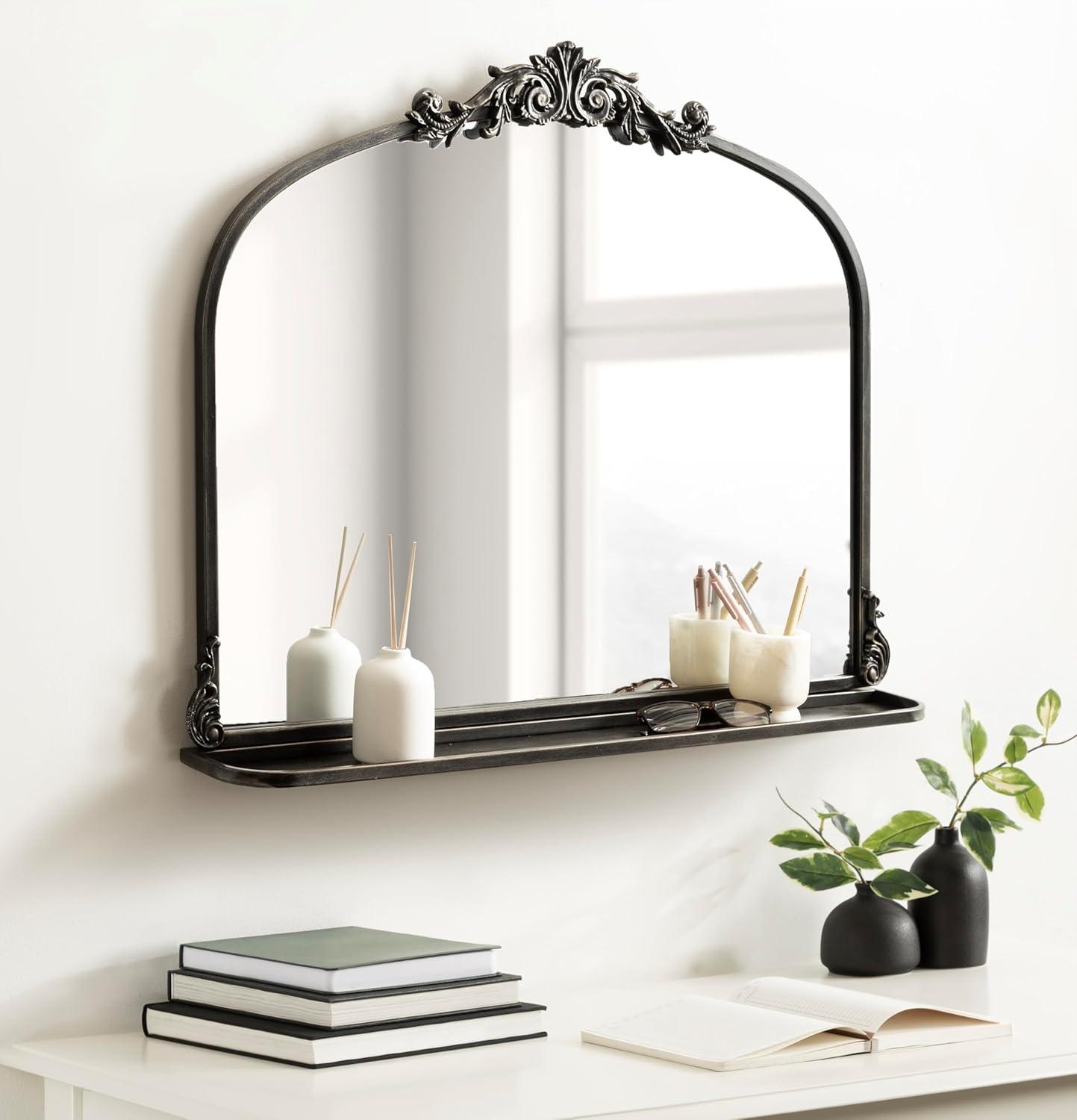 Kate & Laurel All Things Decor 33"x26" Arendahl Traditional Arch Mirror with Shelf Black