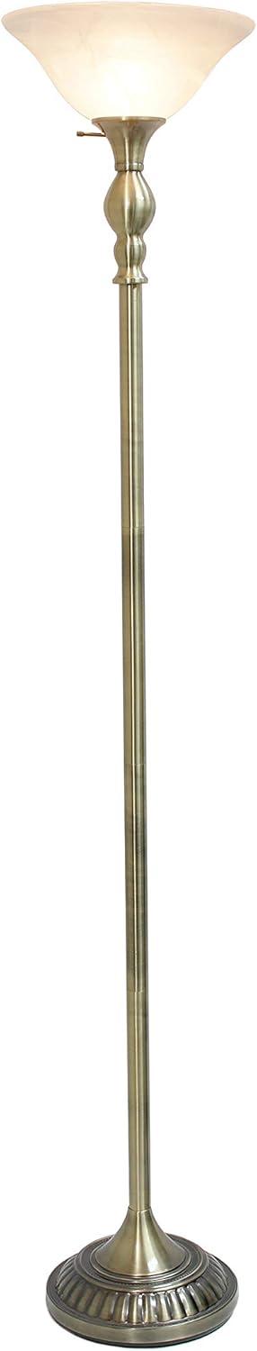 Antique Brass Elegance Torchiere Floor Lamp with Marbleized White Shade