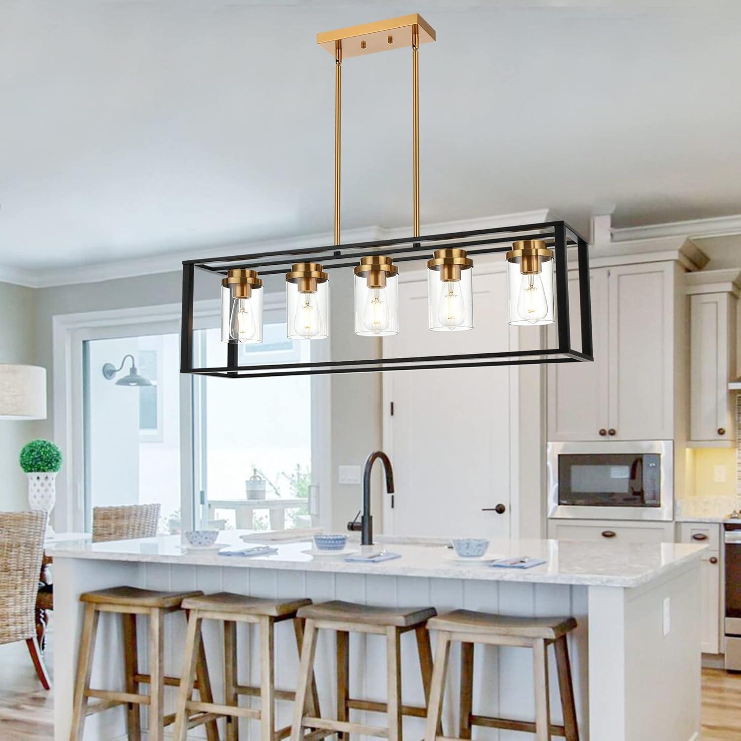 Modern Black and Brass 5-Light Island Chandelier with Glass Shades