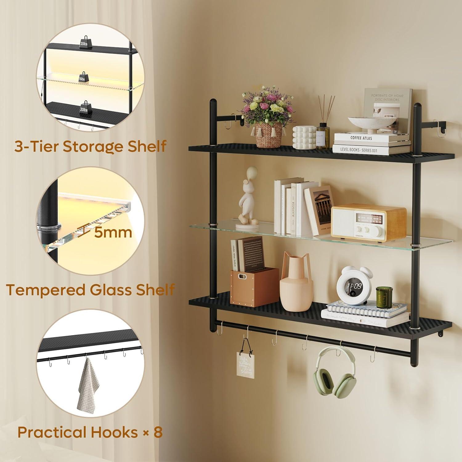 Bestier Gaming LED Floating Shelves for Wall, 41" Wall Mounted Shelf Pipe Glass Shelves, 3 Tier Hanging Display Rack with 8 S-Hooks Towel Bar, Kitchen Gaming Room Wall Decor, Carbon Fiber Black