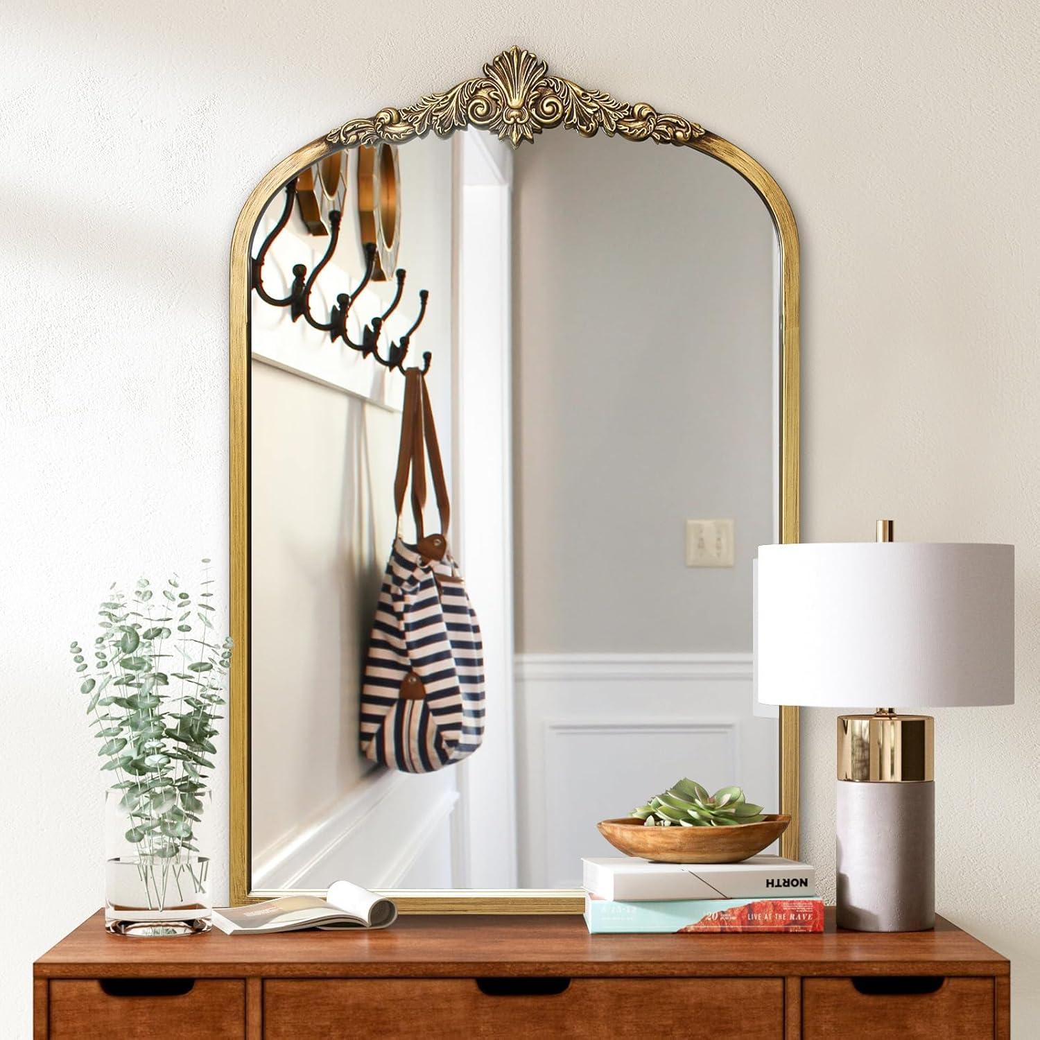 BohoBliss 24"X36" Gold Vintage Mirror for Wall, Antique Arch Mirror, Victorian Ornate Baroque Mirror for Wall, Mantel, Fireplace, Living Room, Hallway, Bathroom, Bedroom, Entryway
