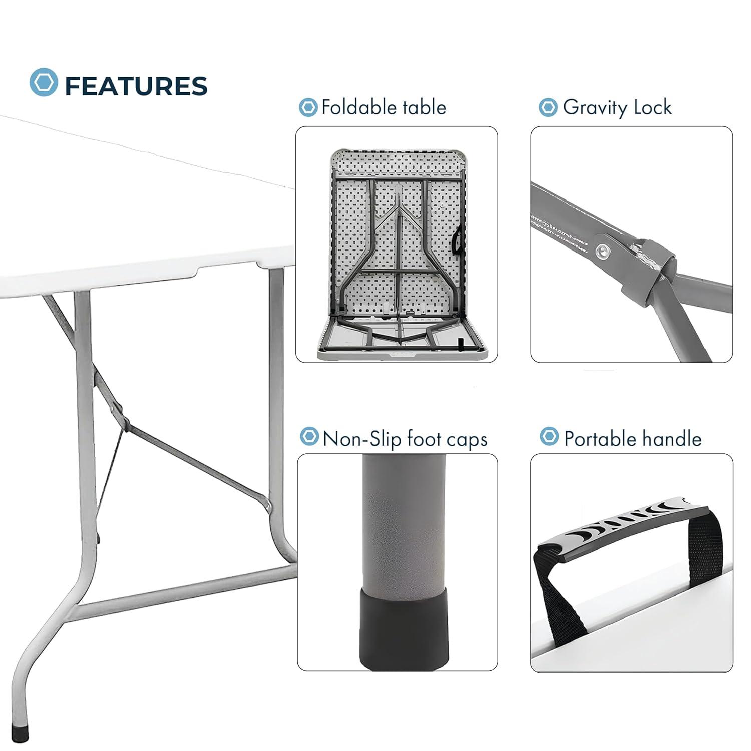 Plainsity Mesa Plegable de Plástico de 6 Pies - Mesa de Comedor Portátil, Plegable y Resistente para Fiestas, Bodas, BBQ, Camping, Eventos en el Patio Trasero - Mesa Utilitaria para Interiores/exteriores con Asa de Transporte Blanca
