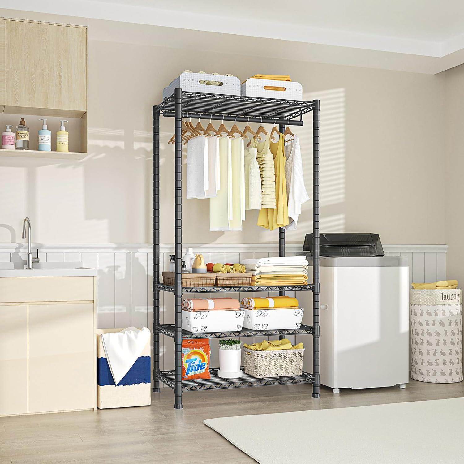 OLVOK Freestanding 4 Tiers Garment Rack For Hanging Clothes With Shelves And Clothes Racks
