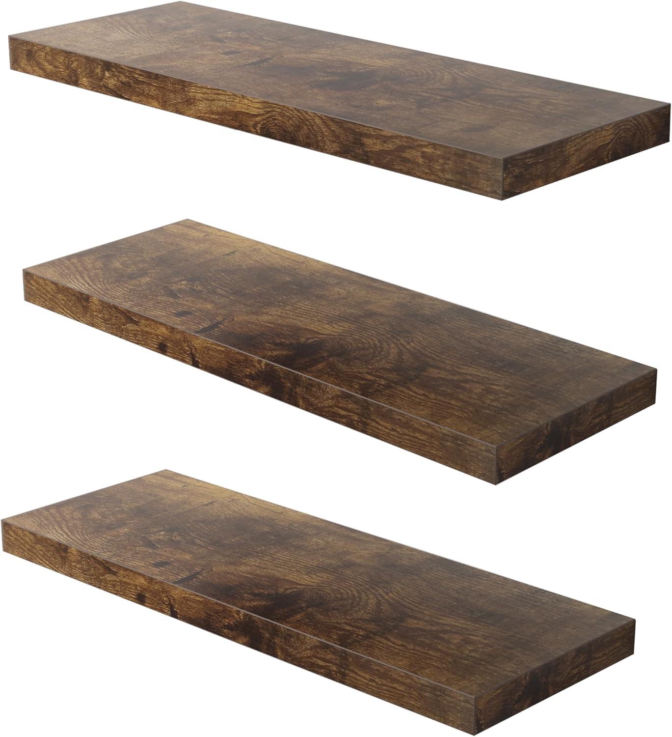 Rustic Brown Wooden Floating Wall Shelf Set with Invisible Brackets