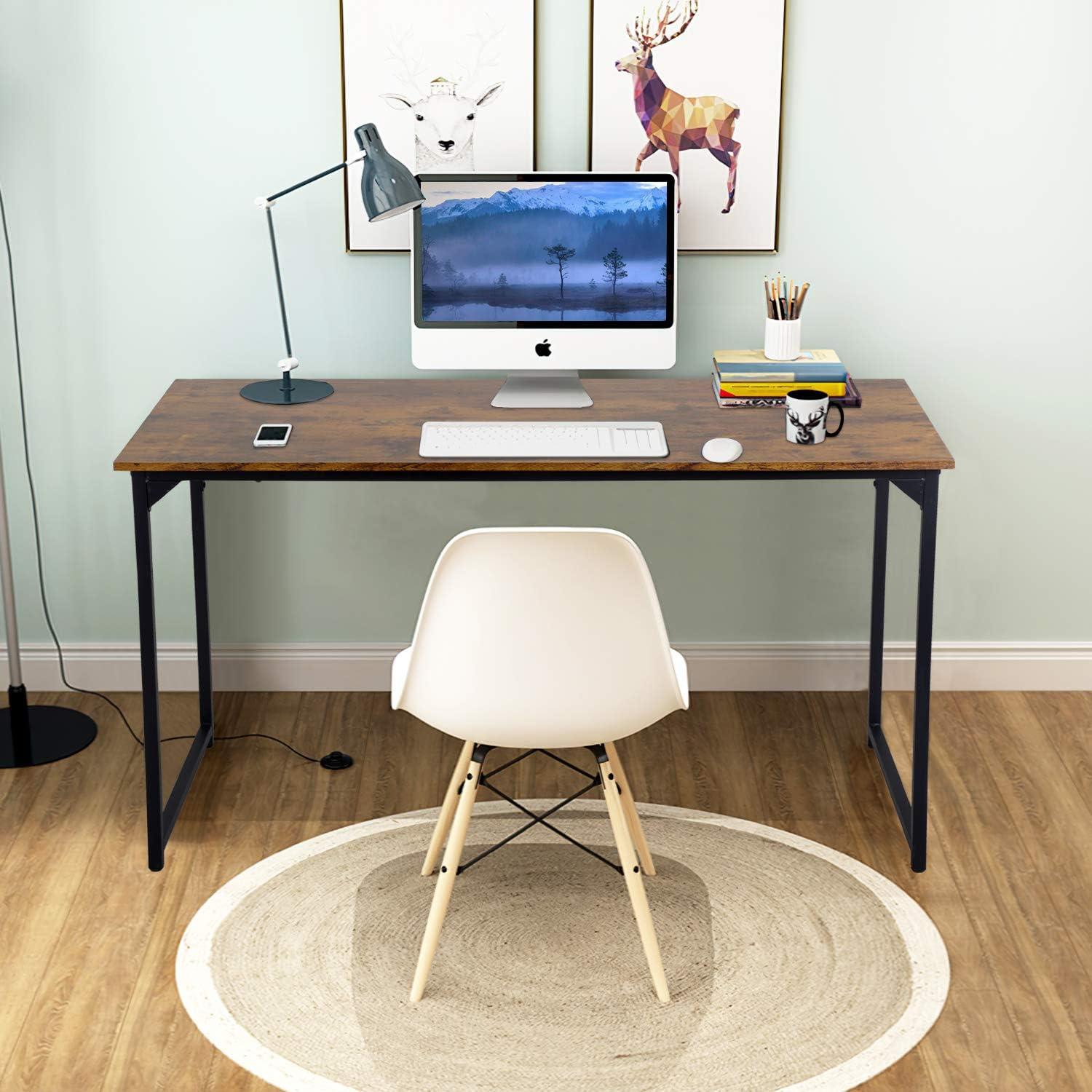 Modern Brown Wood and Metal Rectangular Computer Desk