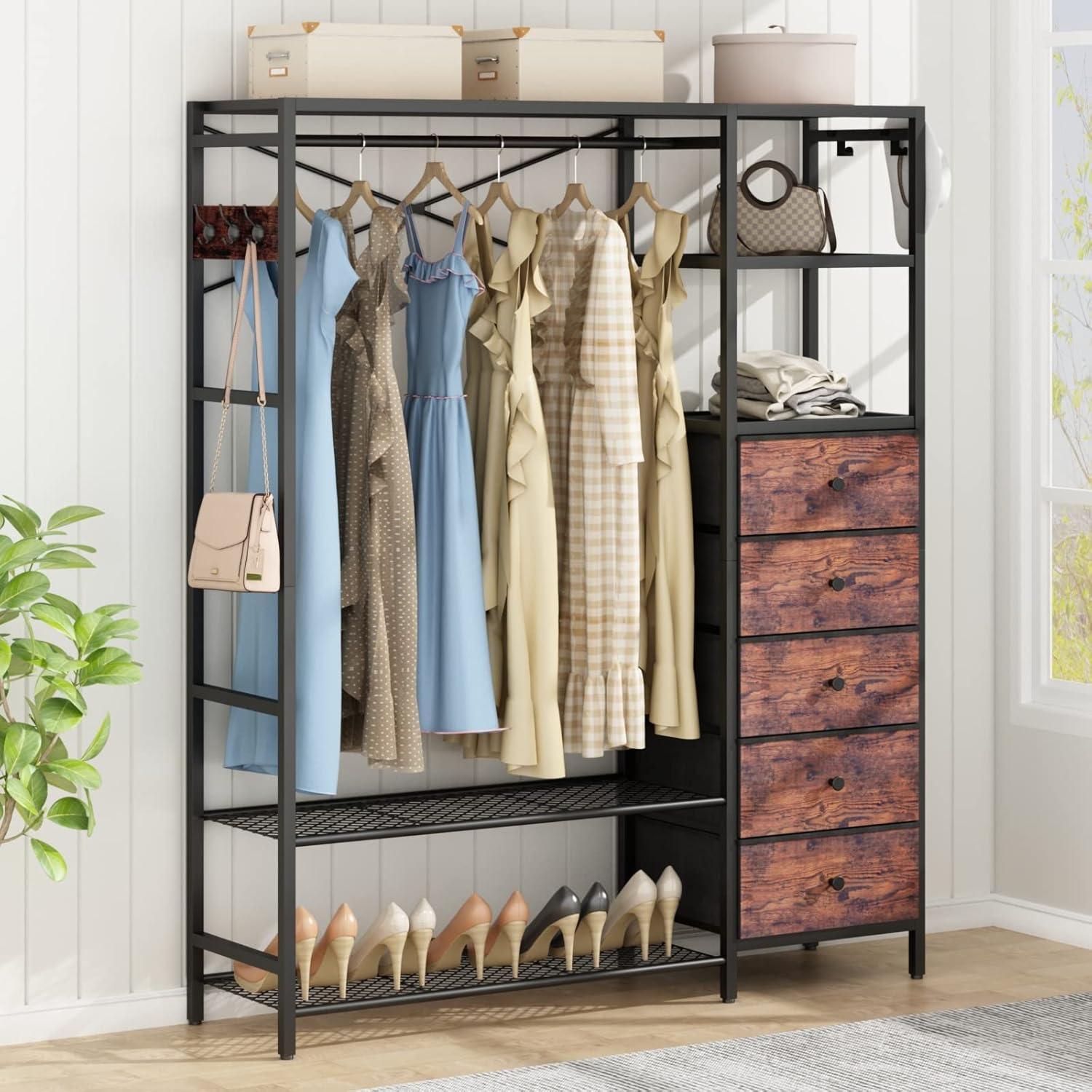 Rustic Heavy Duty Metal Clothes Rack with Shelves and Drawers