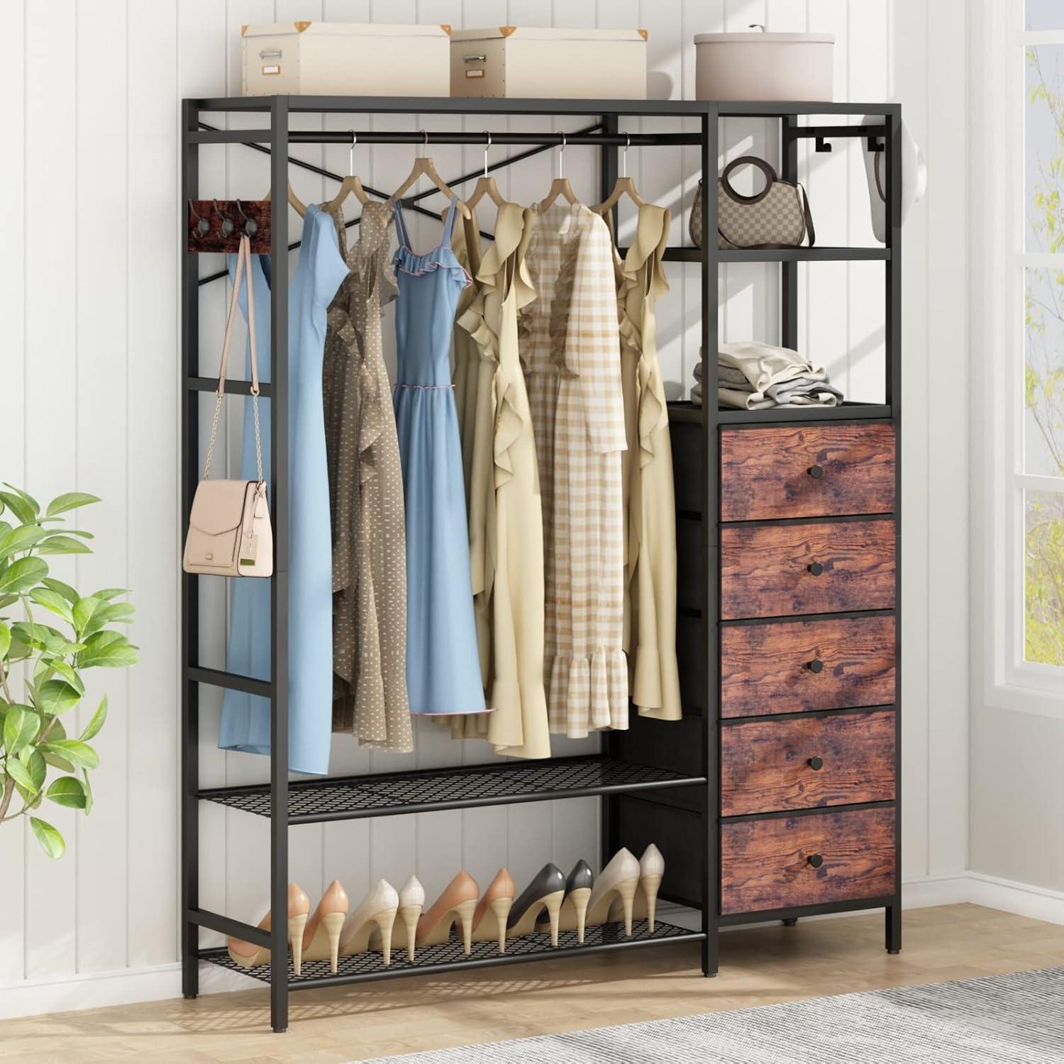 17 Stories Heavy Duty Clothes Rack For Hanging Clothes With 5 Shelves & 5 Drawers, Metal Freestanding Clothing Rack With Five Hooks, Garment Rack Closet Wardrobe Rack, 70.87H X 59.06W,Max 900Lbs,Rustic