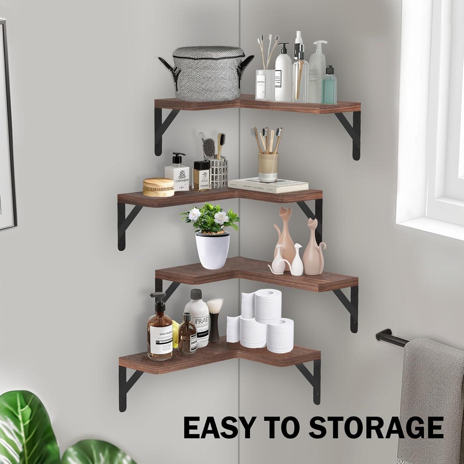 Brown L-Shaped Wooden Corner Floating Shelves Set of 4