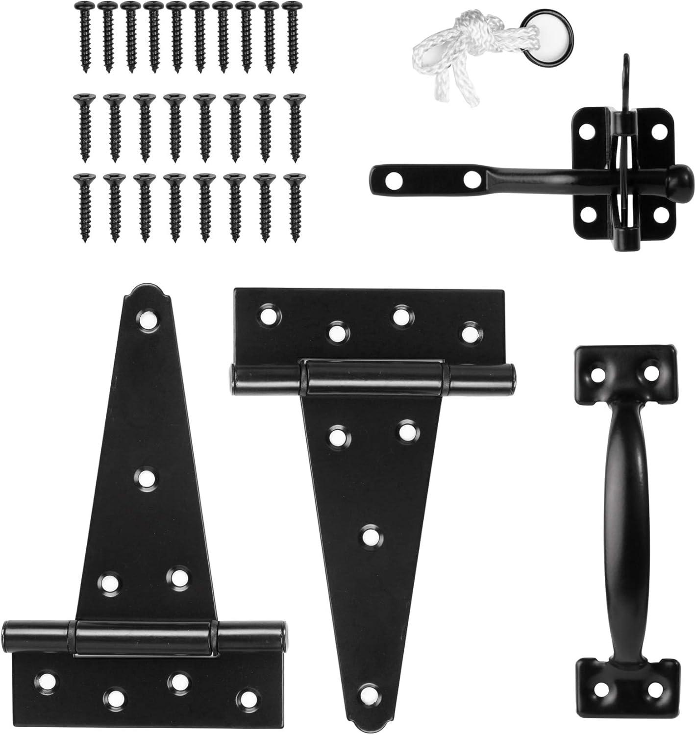 Heavy Duty Gate Latch Door Handle Hardware Kit for Wooden Fence, Self-Closing Gate Latch with Pull String, Decorative Metal Gate Pull Handle, 2 Pack 6in T-Strap Gate Hinges, Black Finish