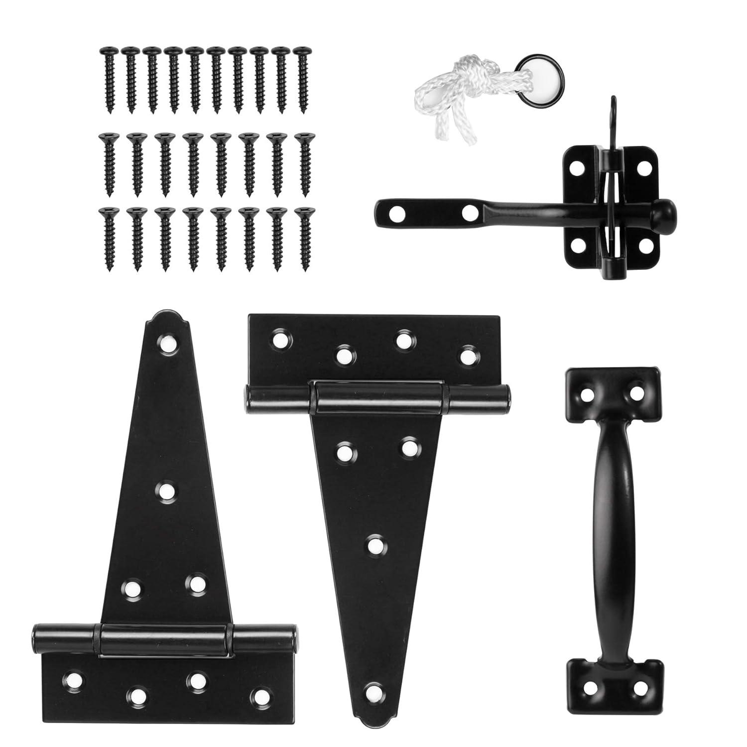Heavy Duty Gate Latch Door Handle Hardware Kit for Wooden Fence, Self-Closing Gate Latch with Pull String, Decorative Metal Gate Pull Handle, 2 Pack 6in T-Strap Gate Hinges, Black Finish
