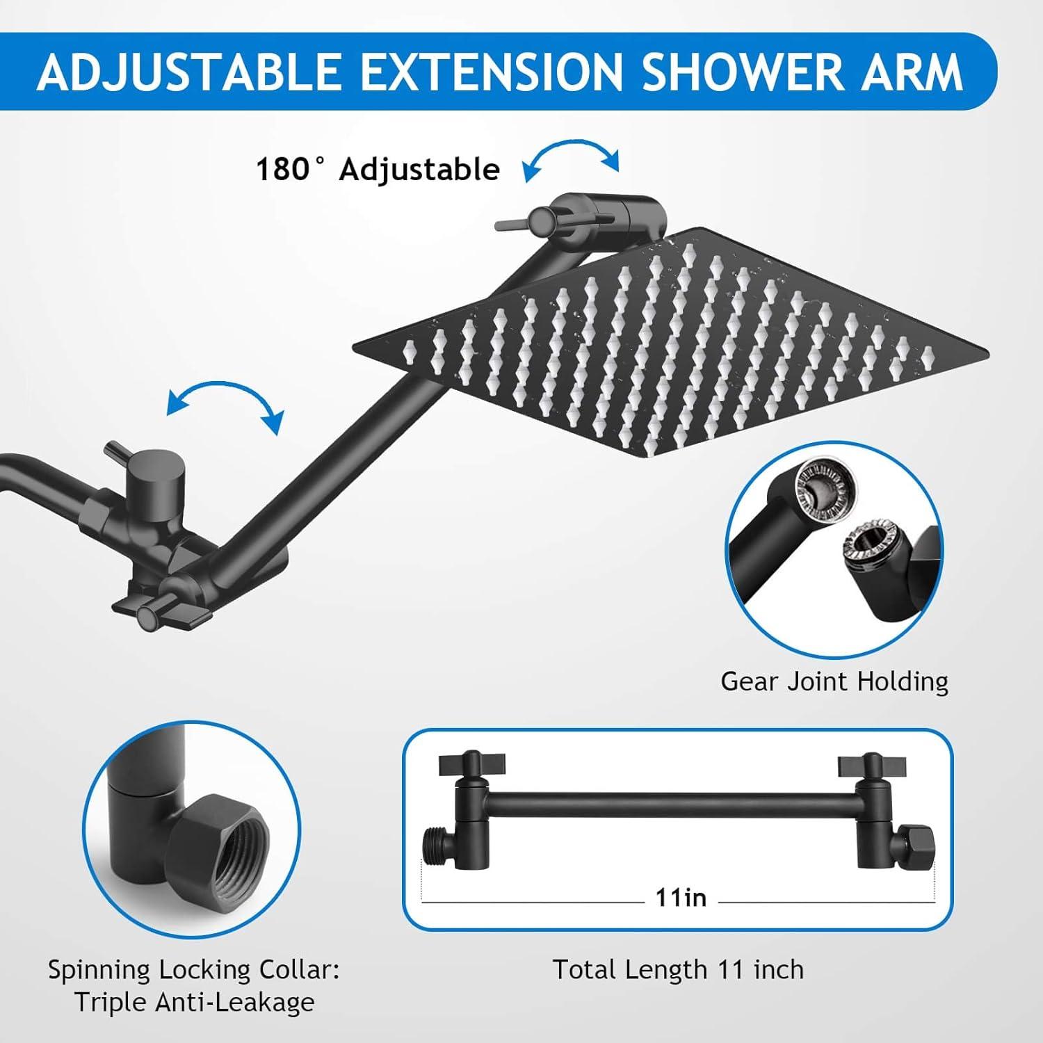 Matte Black 8-Inch Square Rain Shower Head Combo with Handheld