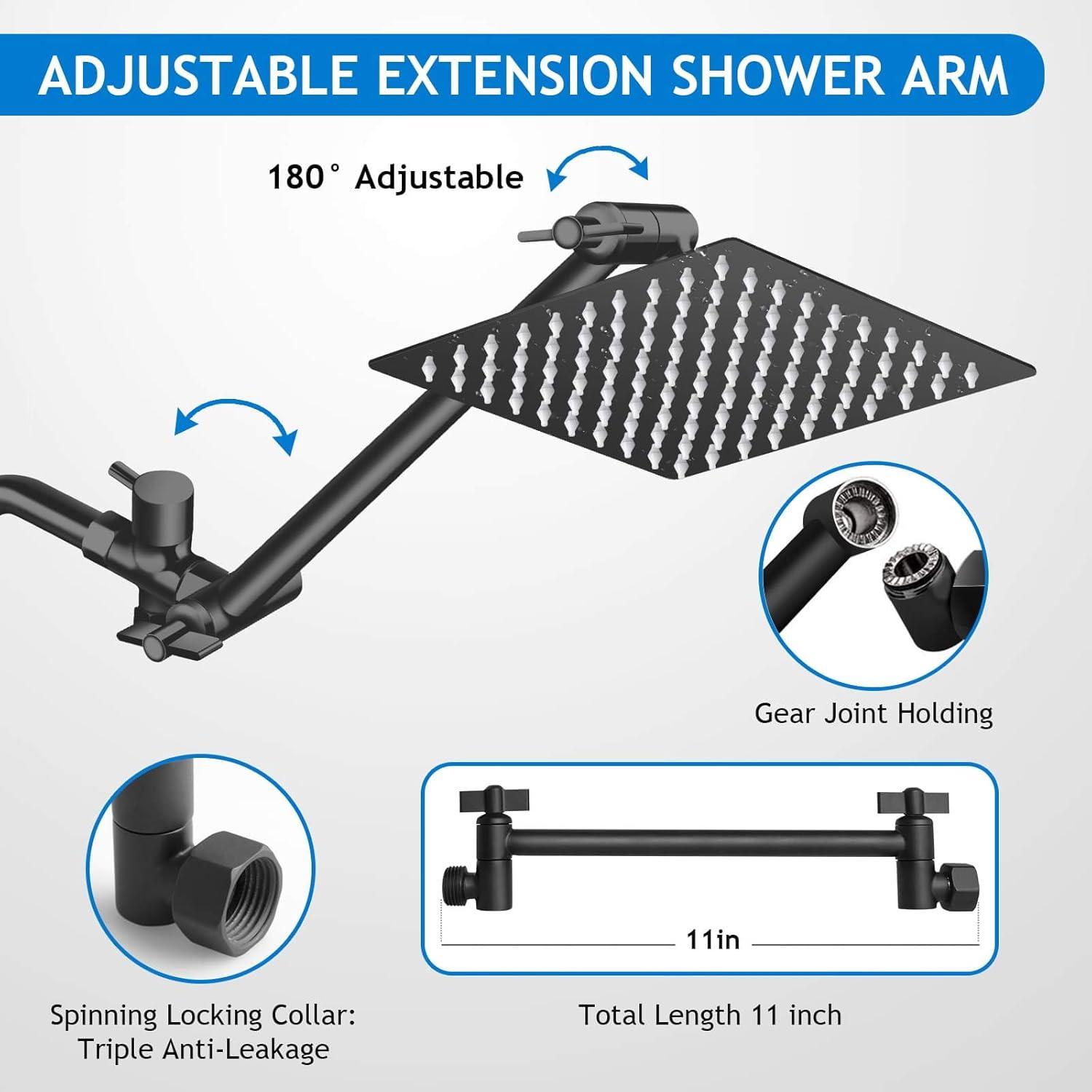 Shower Head with Hose, 8'' High Pressure Rain Shower Head, Handheld Shower Head Combo with 11'' Extension Arm, 5 Spray Settings Adjustable Shower Head with Holder, Height/Angle Adjustable