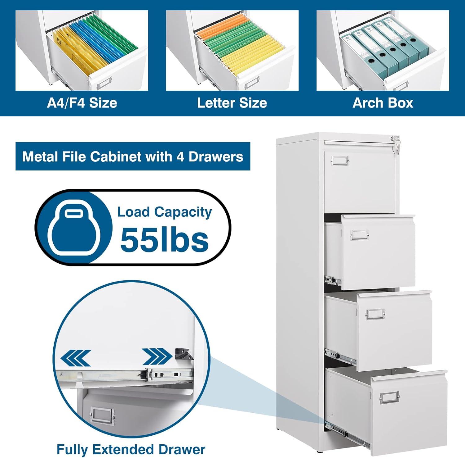 4 Drawer File Cabinet, 17.8" D Metal Filing Cabinets with Lock, Vertical Filing Cabinet for Home Office, Steel File Cabinet for Letter/Legal/A4/F4 Size, Easy Assemble (White)