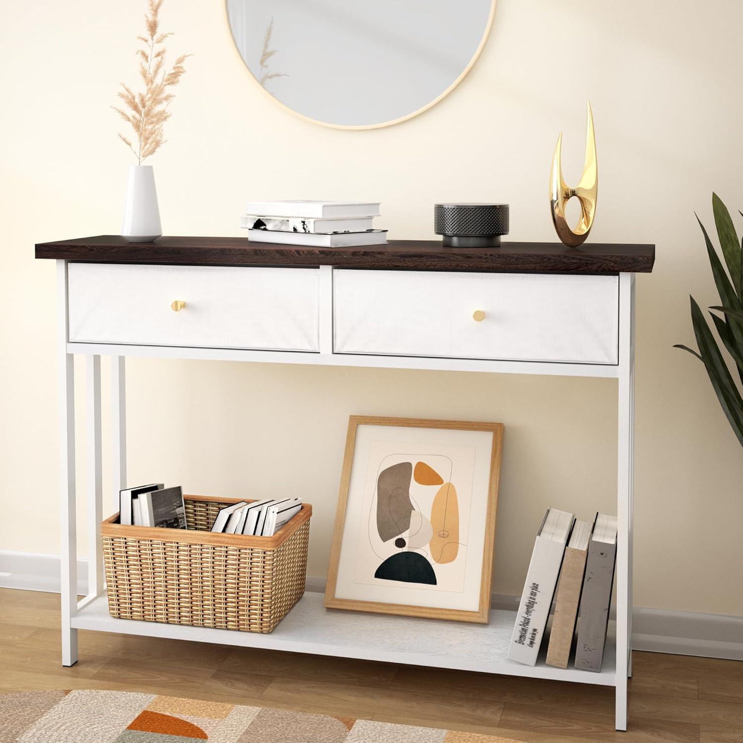 Console Table with 2 Fabric Drawers, 42" Solid Wood Entryway Table with Shelves, Storage Sofa Table for Entryway, Hallway, Living Room, Kitchen or Behind Couch in Foyer, White