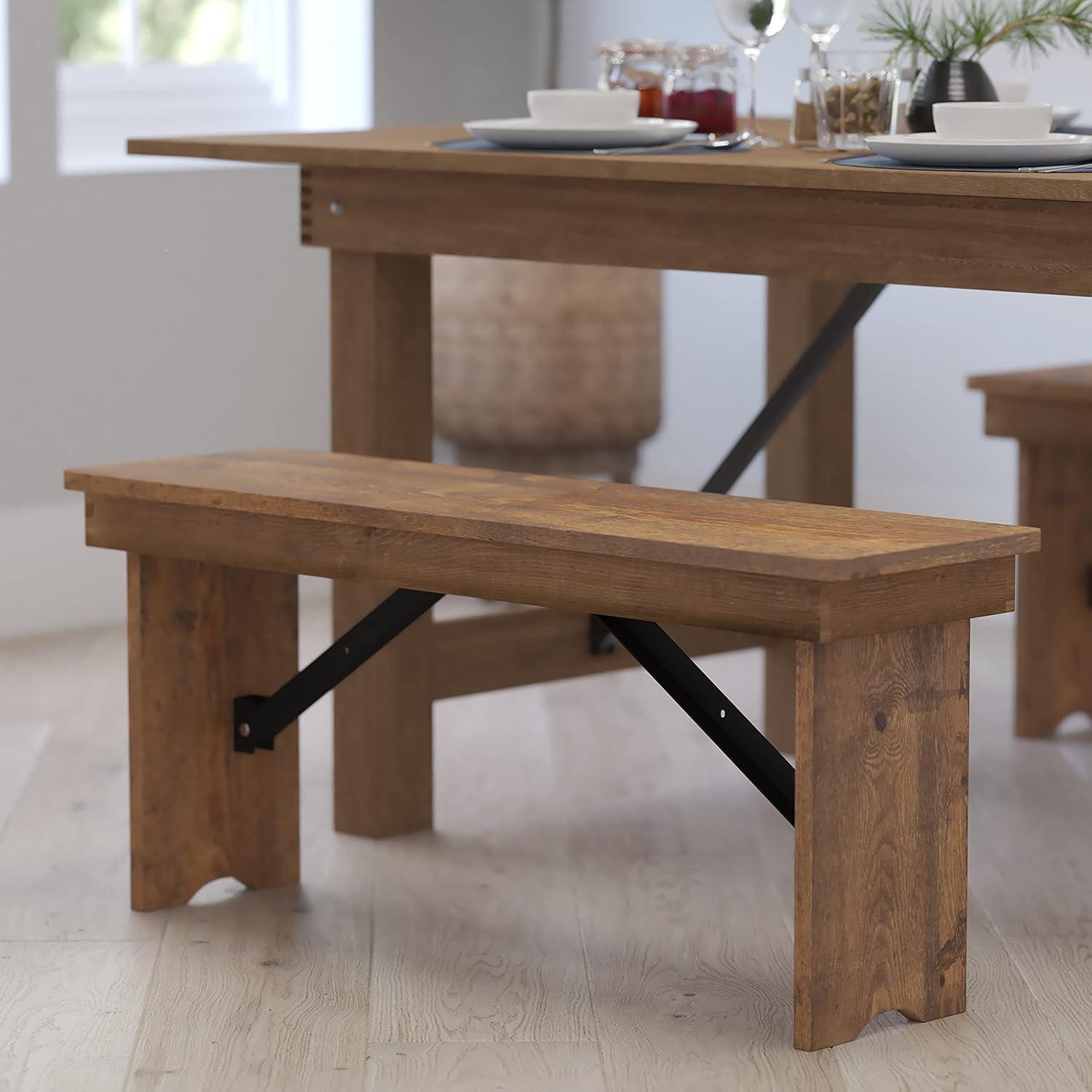 Merrick Lane 40" x 12" Antique Rustic Solid Pine Folding Farmhouse Style Bench