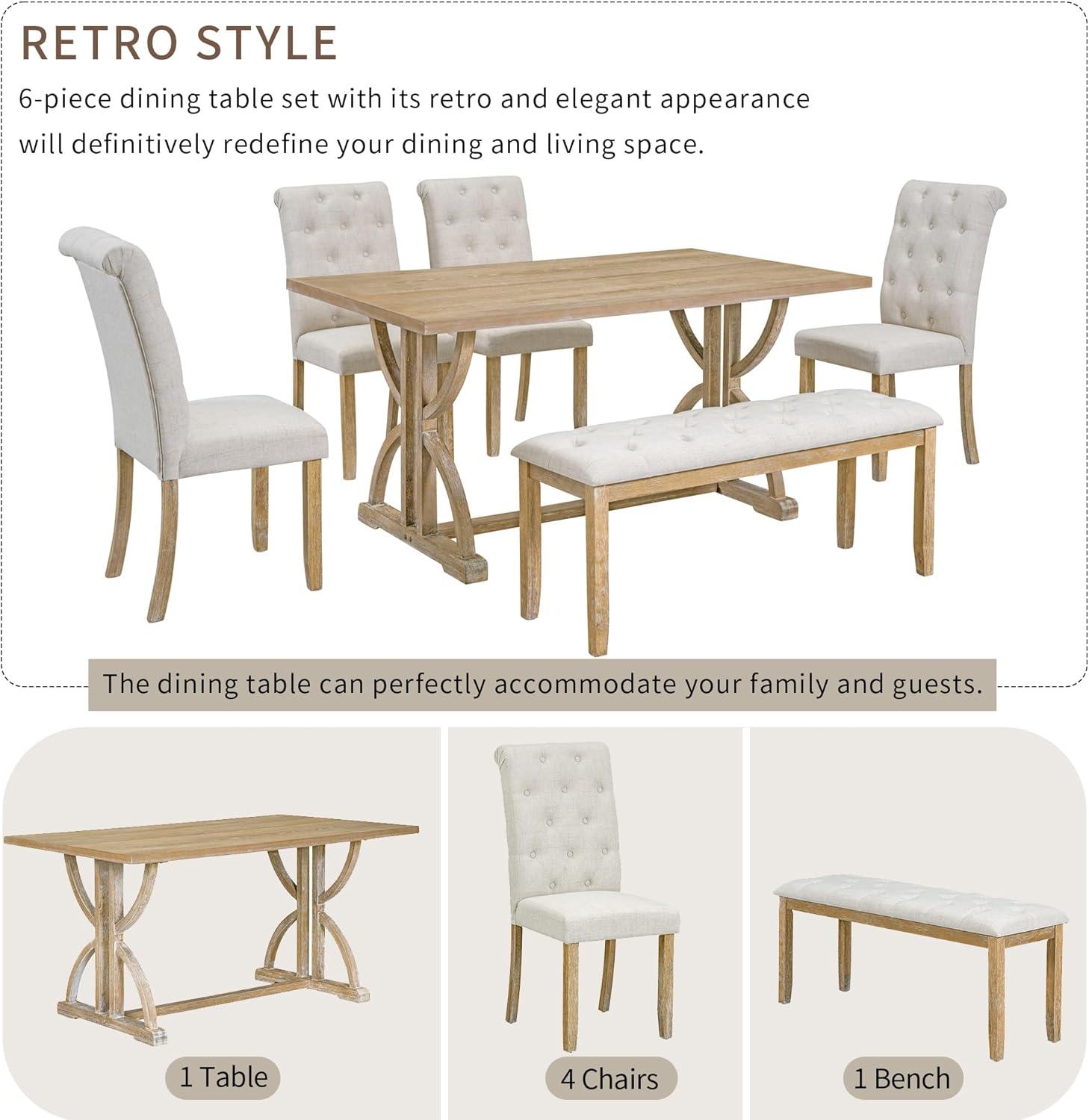 Merax 6-Piece Retro Dining Table Set, Rubber Wood Rectangular Table with Unique Legs and 4 Upholstered Chairs & 1 Bench for Dining Room and Kitchen (Natural Wood Wash)
