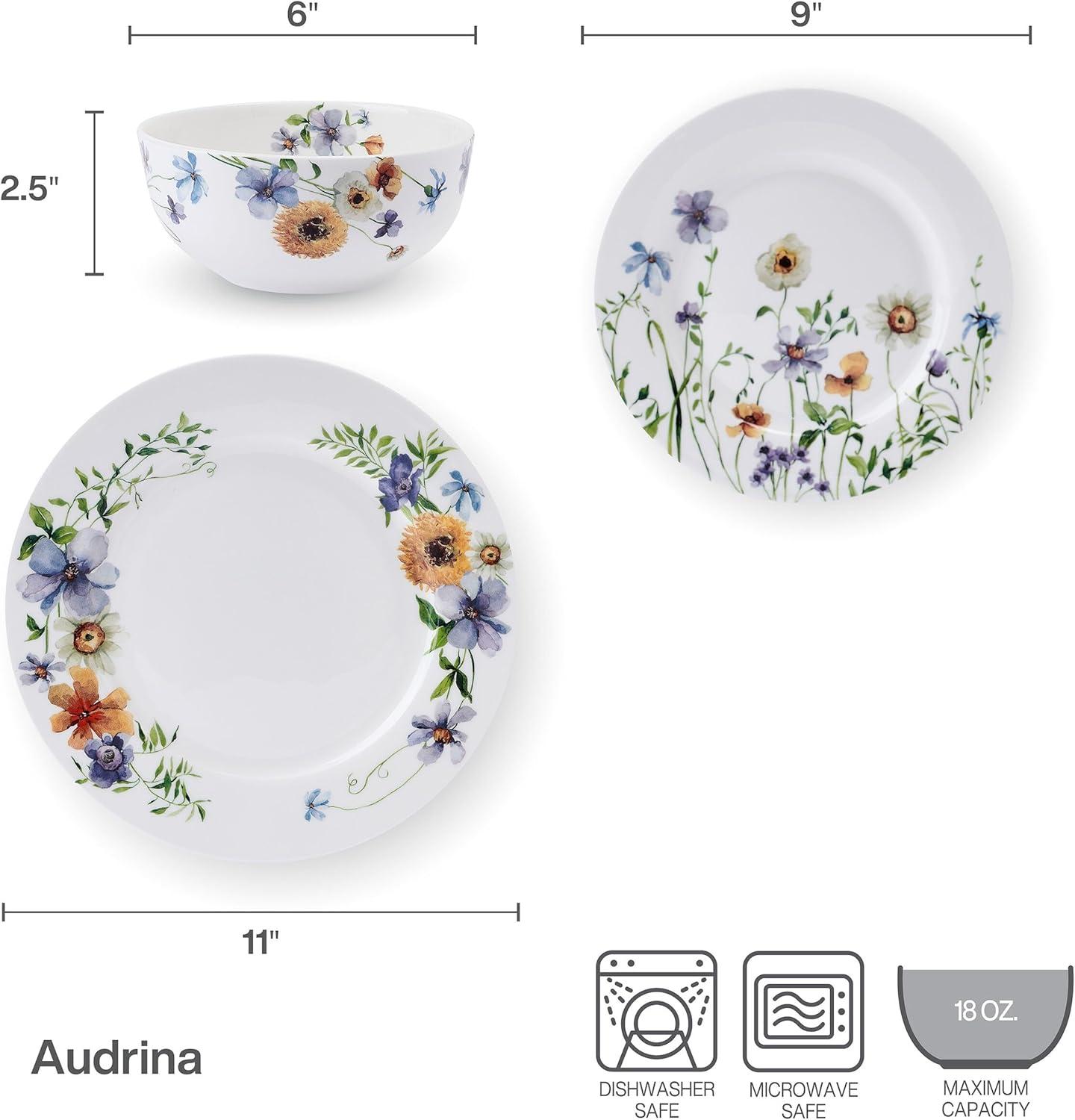 Audrina Floral White Porcelain 12-Piece Dinnerware Set, Service for 4