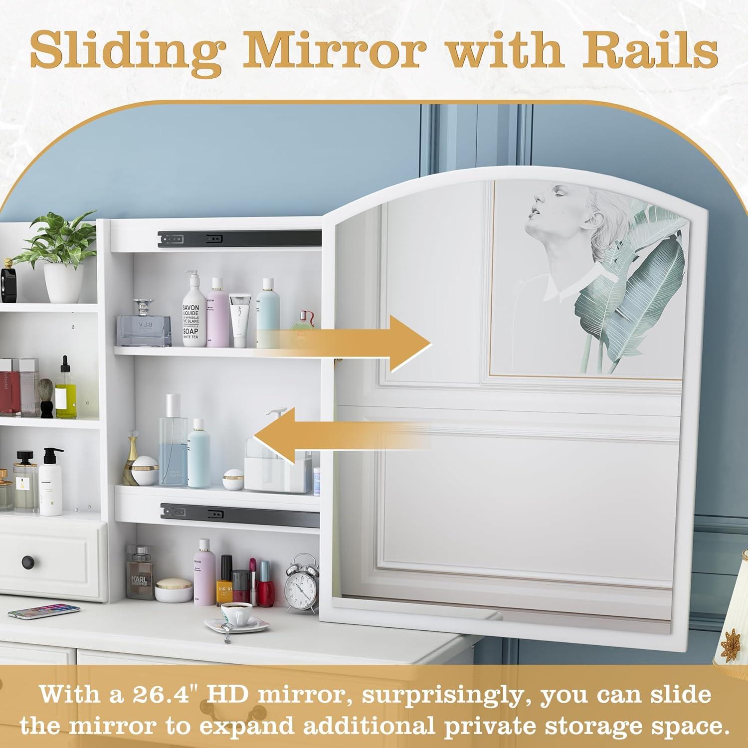 MONTARY Makeup Vanity Desk with Mirror and Lights, Dressing Table , White Vanity Table Set with 6 Drawers & Shelves & 4 Cabinets, 3 LED Lighting Modes Brightness Adjustable