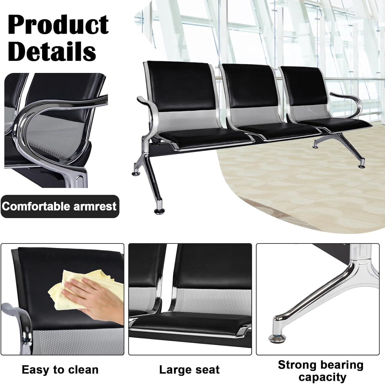 Kinbor Waiting Room Chairs, 3-Seat Reception Chairs Office Guest Waiting Furniture Bench Seating for Airport Bank Hospital, Black