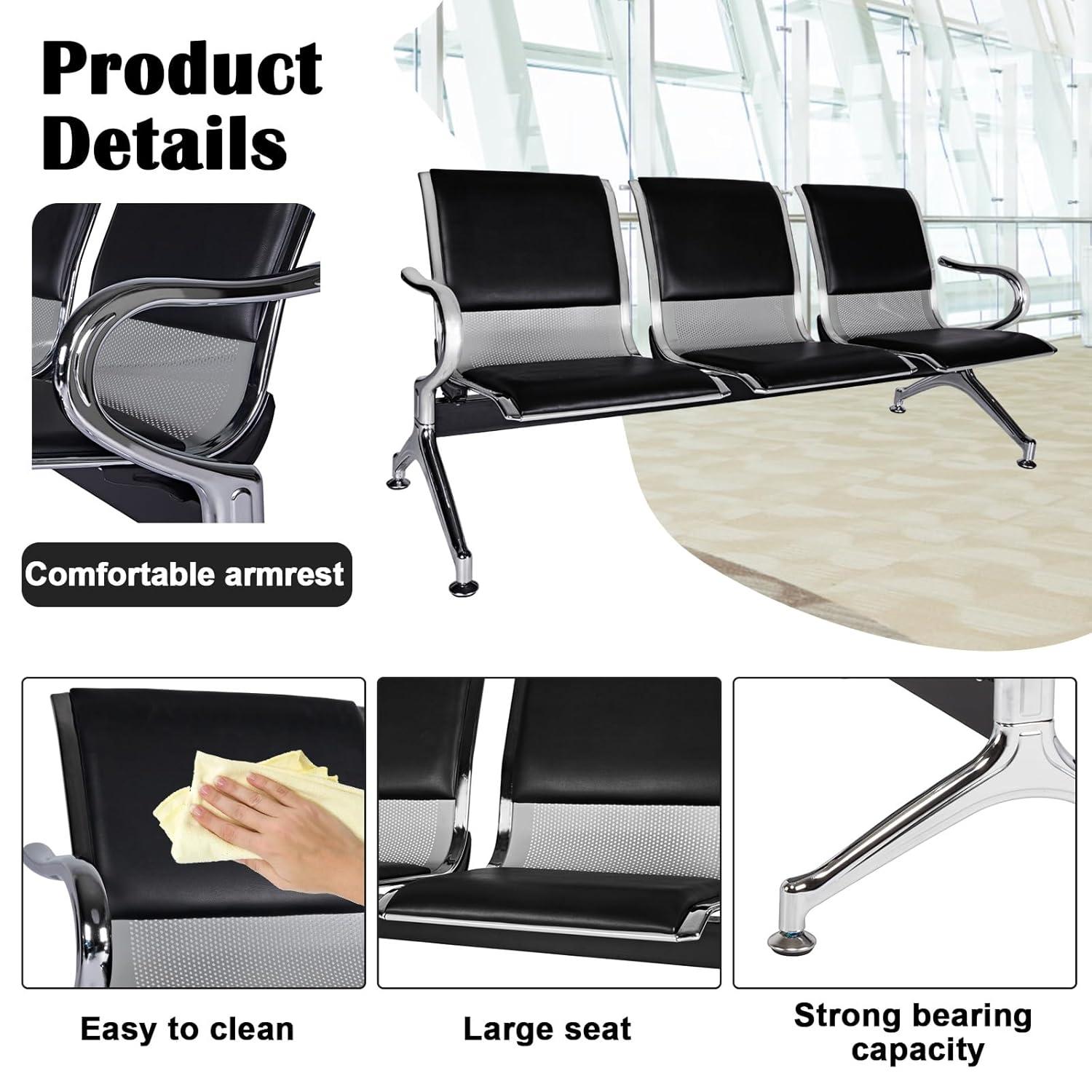 Kinbor Waiting Room Chairs, 3-Seat Reception Chairs Office Guest Waiting Furniture Bench Seating for Airport Bank Hospital, Black