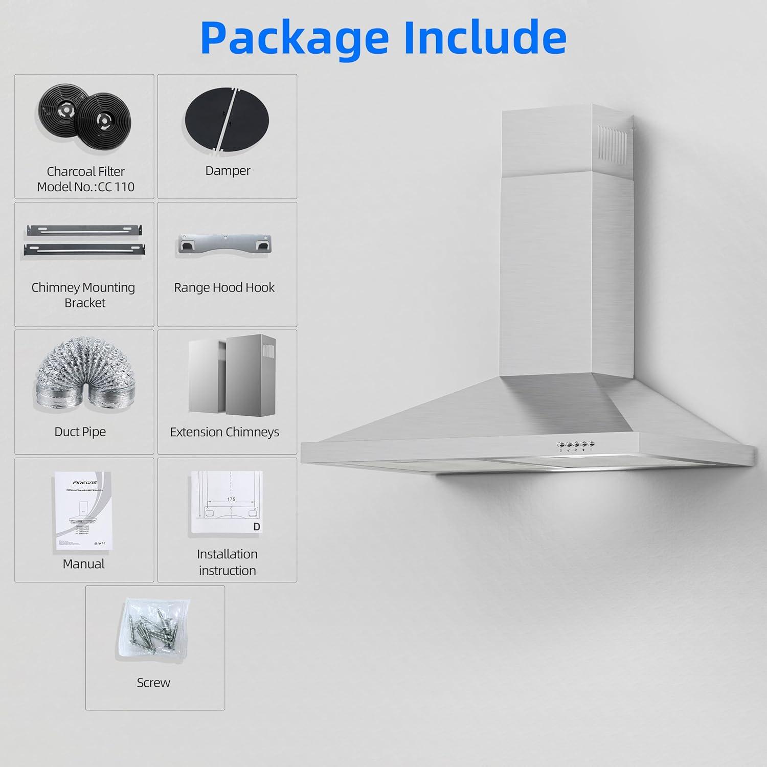 FIREGAS Range Hood 30 inch Wall Mount Type with Ducted/Ductless Convertible, 450 CFM Stainless Steel Chimney-Style Kitchen Hood, Over Stove Vent Hood with 3 Speed Fan, LED Light, Charcoal Filters