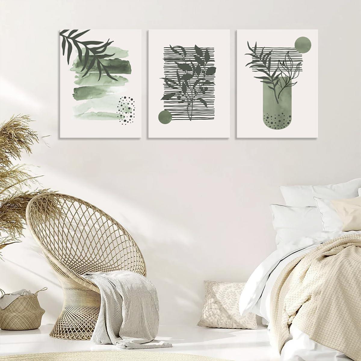 Sage Green Abstract Boho Canvas Wall Art Set