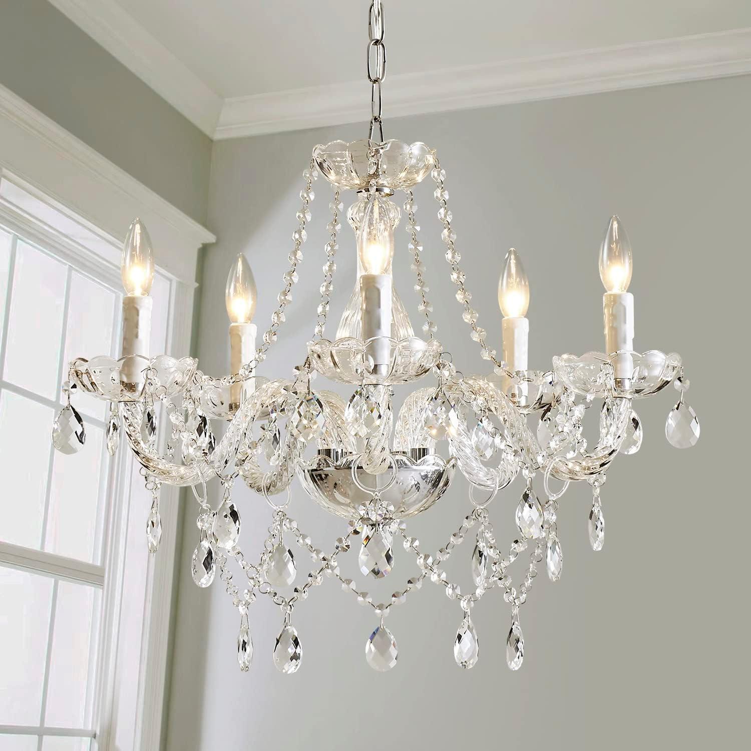 Elegant Chrome and Crystal 5-Light Candle Chandelier