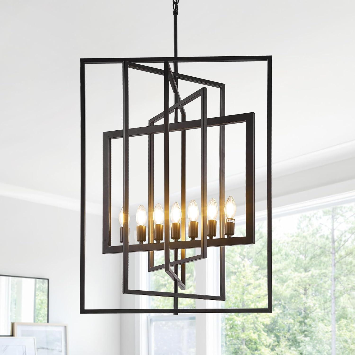 Magic Home 7-Light Lantern Pendant Light Fixtures,Farmhouse Foyer Lighting Fixtures,Rustic Dining Room Light Fixtures,Large Foyer Chandeliers,Black