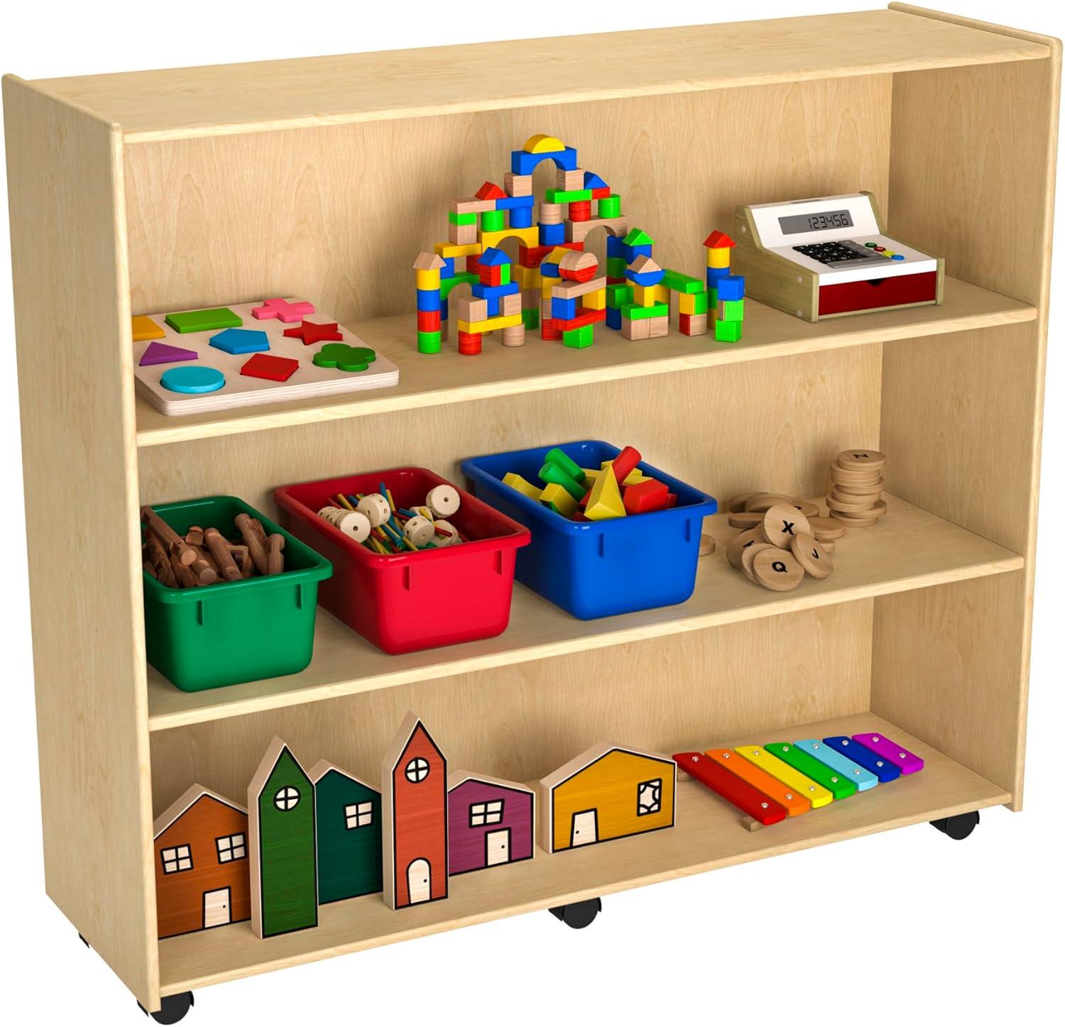 Childcraft Mobile Open Shelving Unit for Classrooms, 3-Shelf Wooden Book and Toy Organizer Bookcase, 47-3/4 x 14-1/4 x 42 Inches
